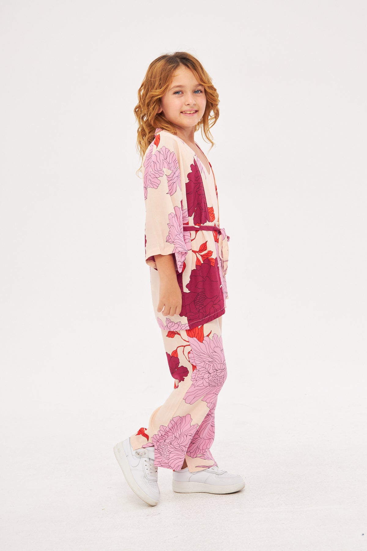 Mommy & Me - Sophia Girls Floral Kimono & Pants Set- Pink & Purple