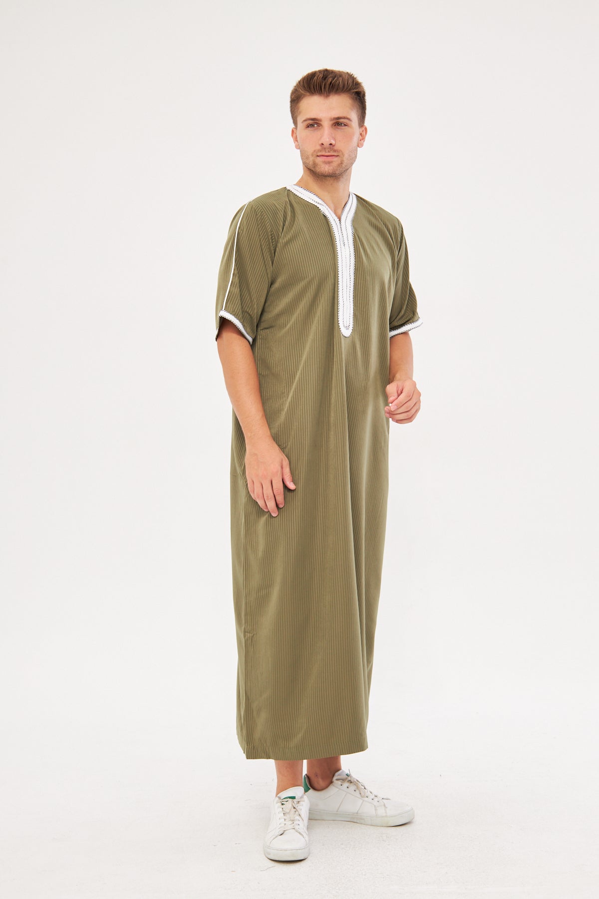 Moroccan Short Sleeve Thobe – Olive Green
