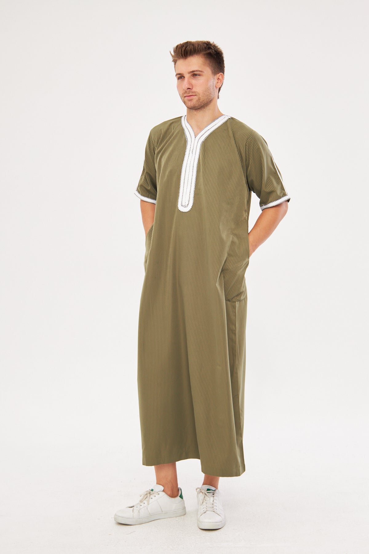 Moroccan Short Sleeve Thobe – Olive Green