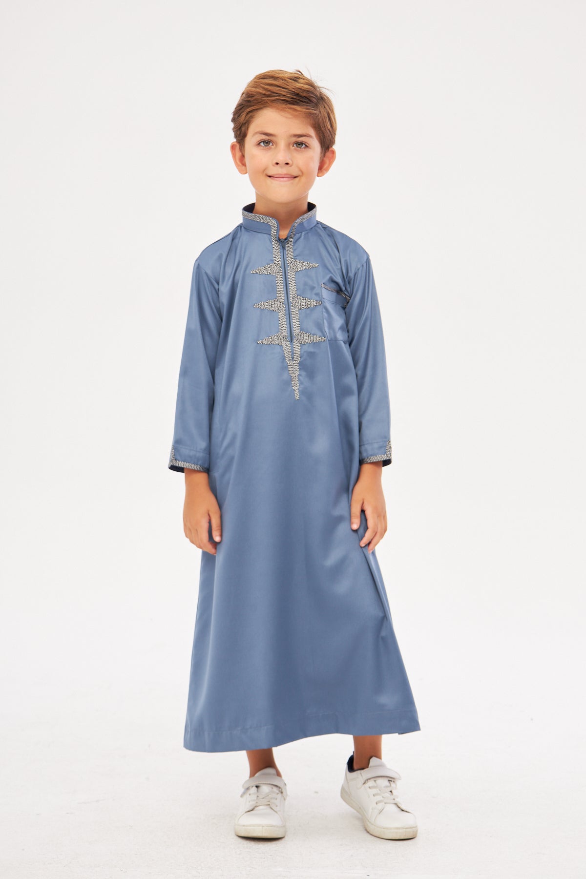 Daddy & Me - Amir Embroidery Light Gray Print Boys Thobe - Dark Gray