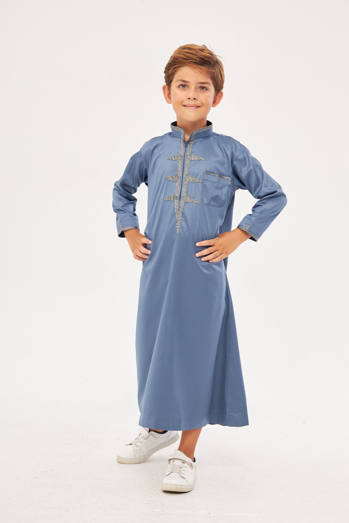 Amir Embroidery Light Gray Print Boys Thobe - Dark Gray