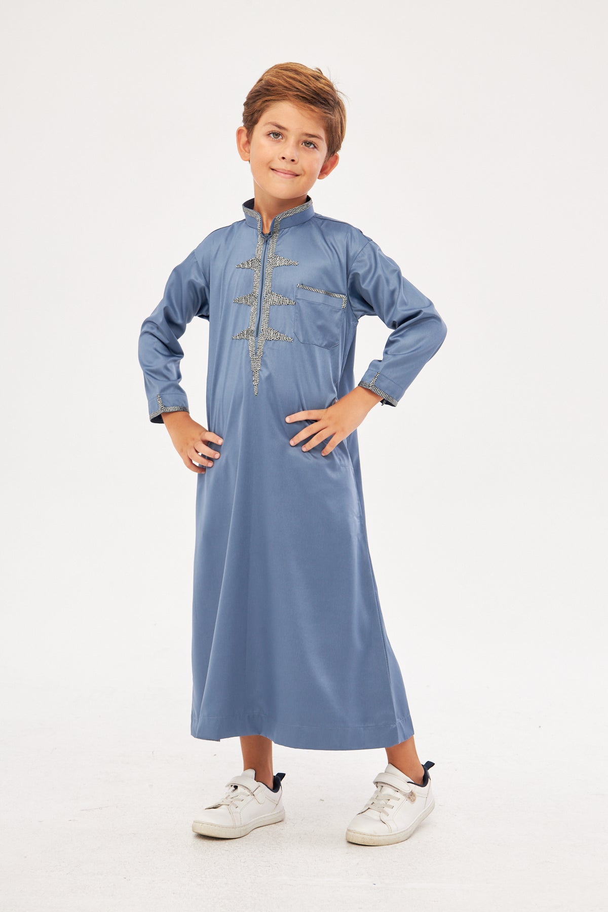 Amir Embroidery Light Gray Print Boys Thobe - Dark Gray