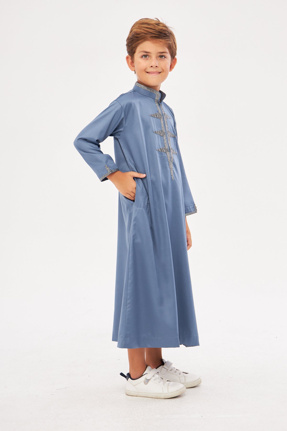 Daddy & Me - Amir Embroidery Light Gray Print Boys Thobe - Dark Gray