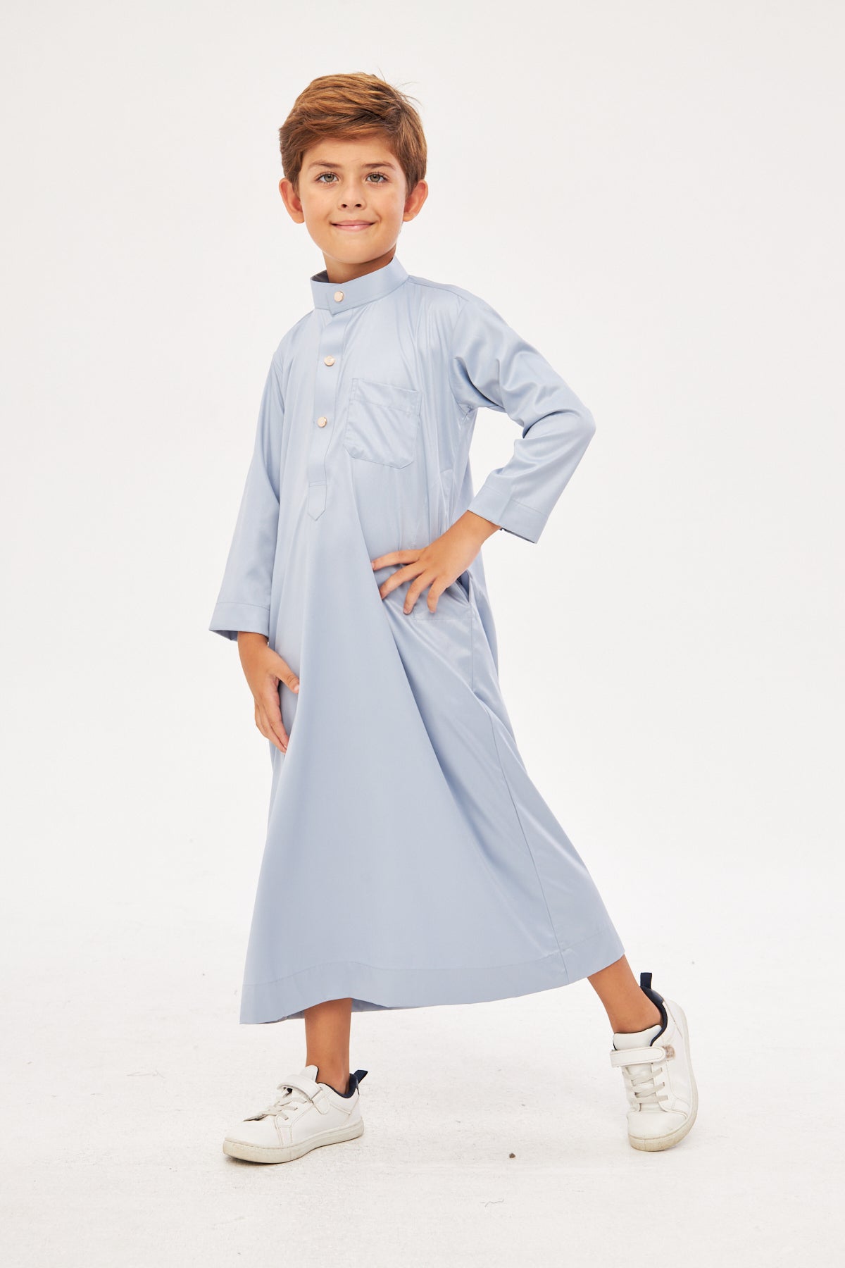 Malik Collar Thobe w/ Gold Buttons Boys - Light Gray