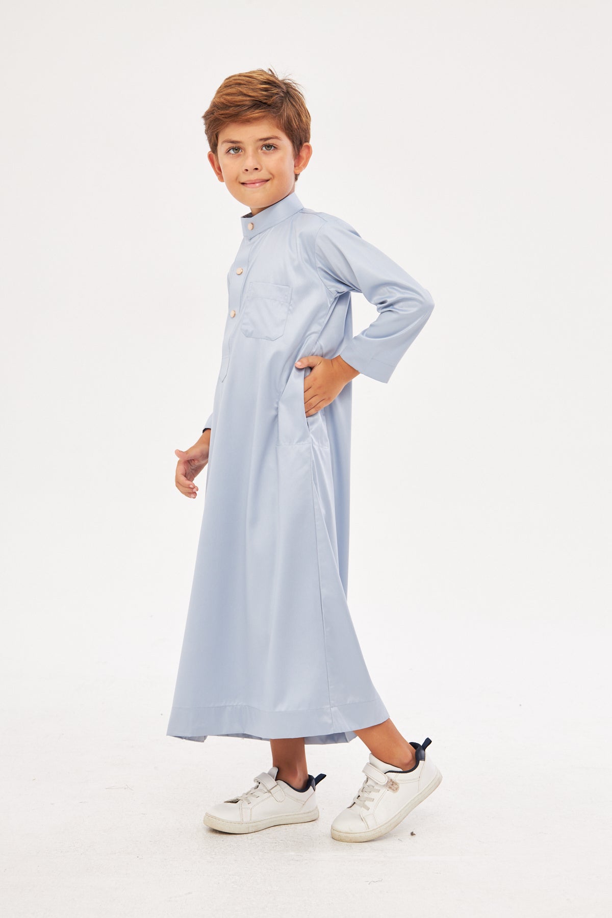 Daddy & Me - Malik Collar Thobe w/ Gold Buttons Boys - Light Gray