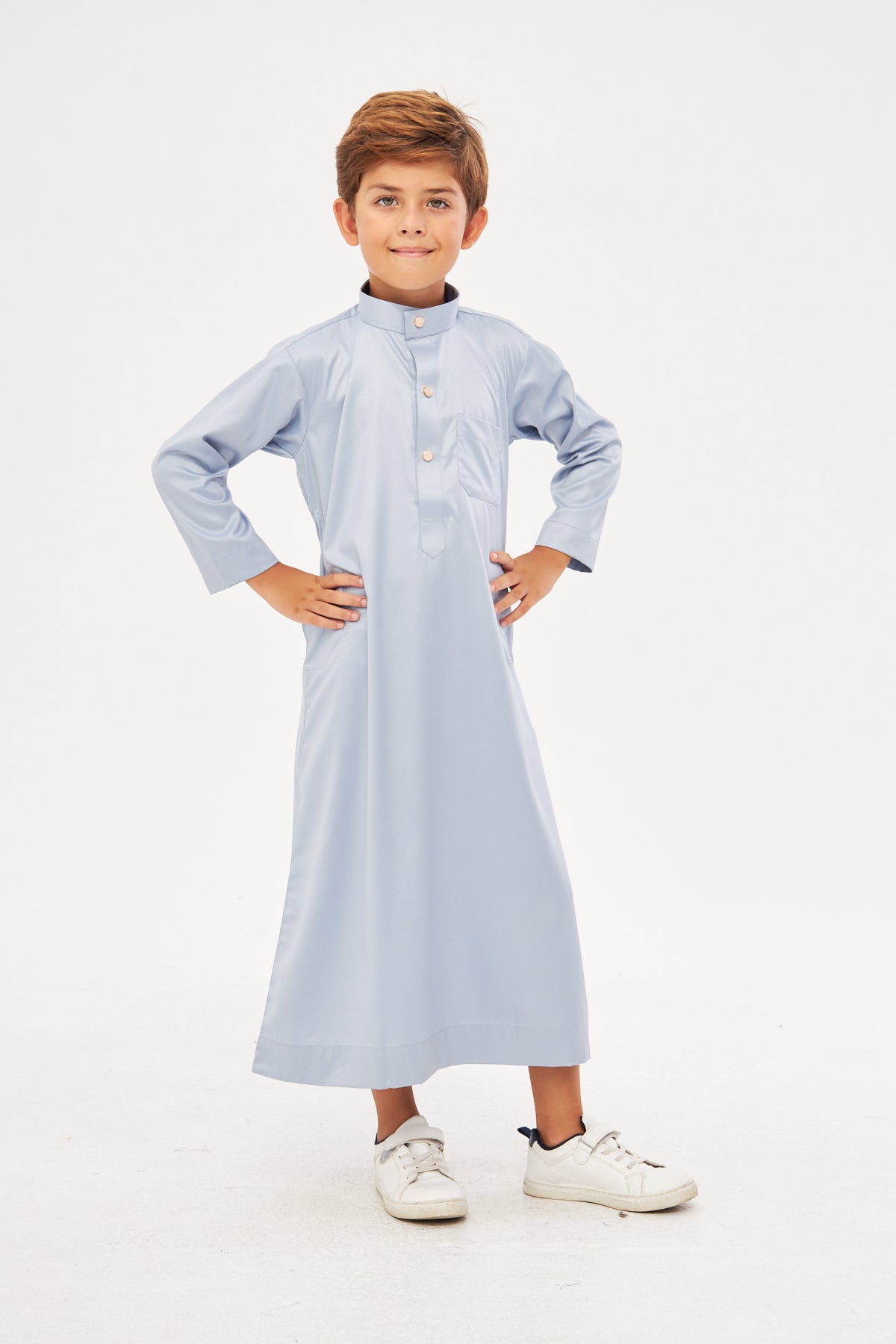 Malik Collar Thobe w/ Gold Buttons Boys - Light Gray