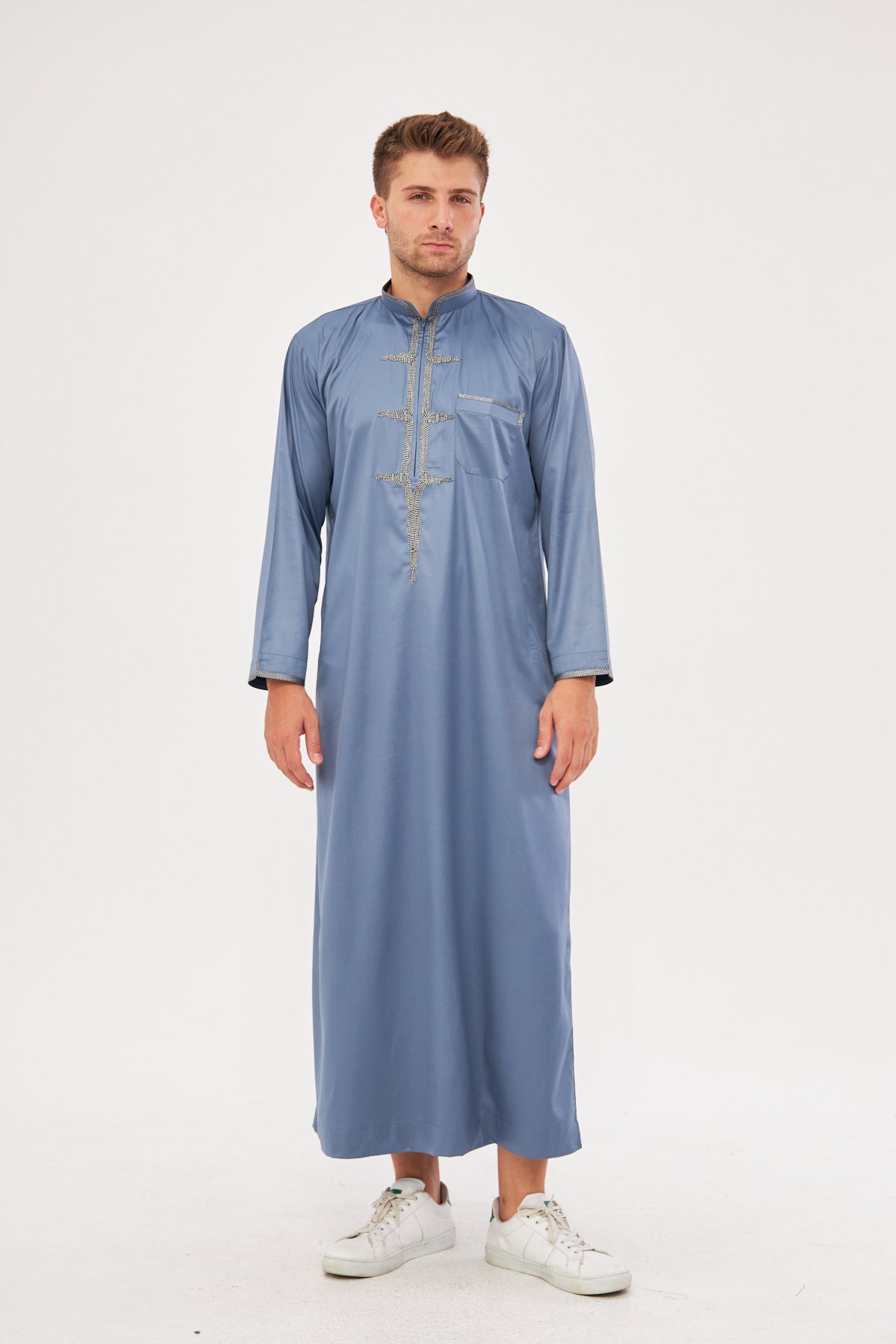 Amir Embroidery Light Gray Print Thobe - Dark Gray