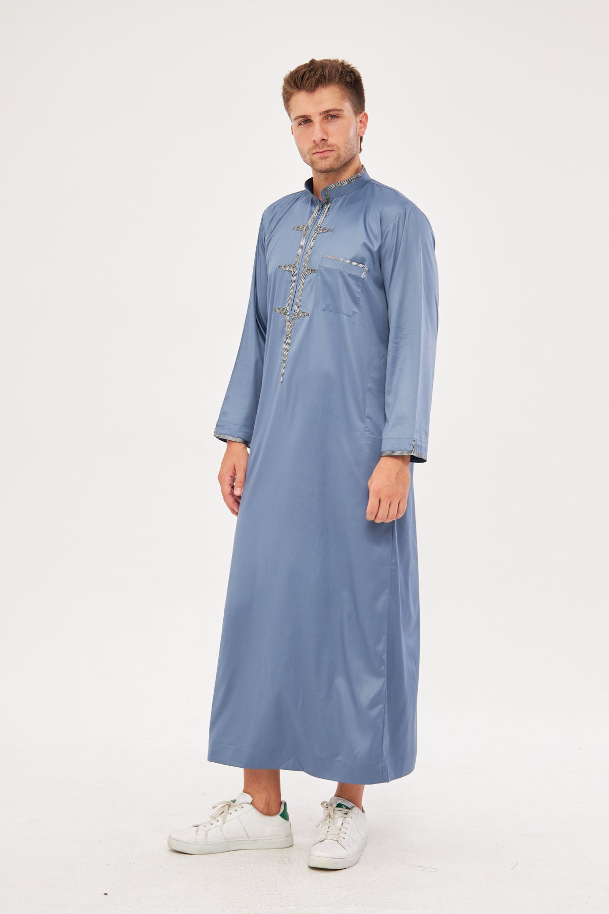 Amir Embroidery Light Gray Print Thobe - Dark Gray