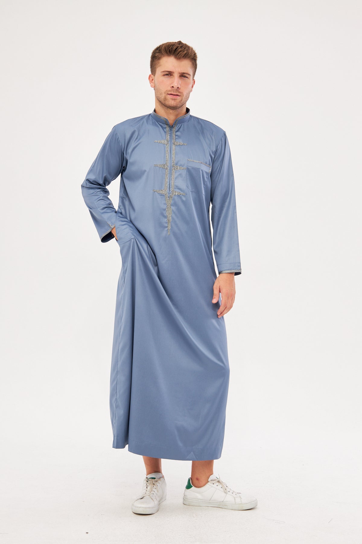 Amir Embroidery Light Gray Print Thobe - Dark Gray