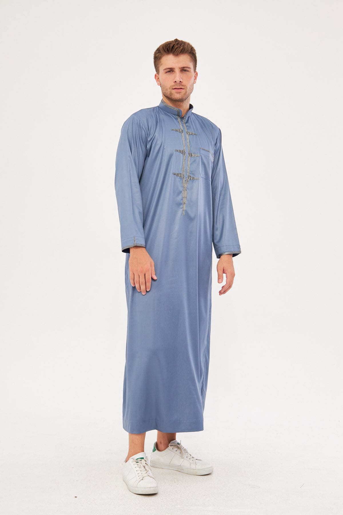 Amir Embroidery Light Gray Print Thobe - Dark Gray