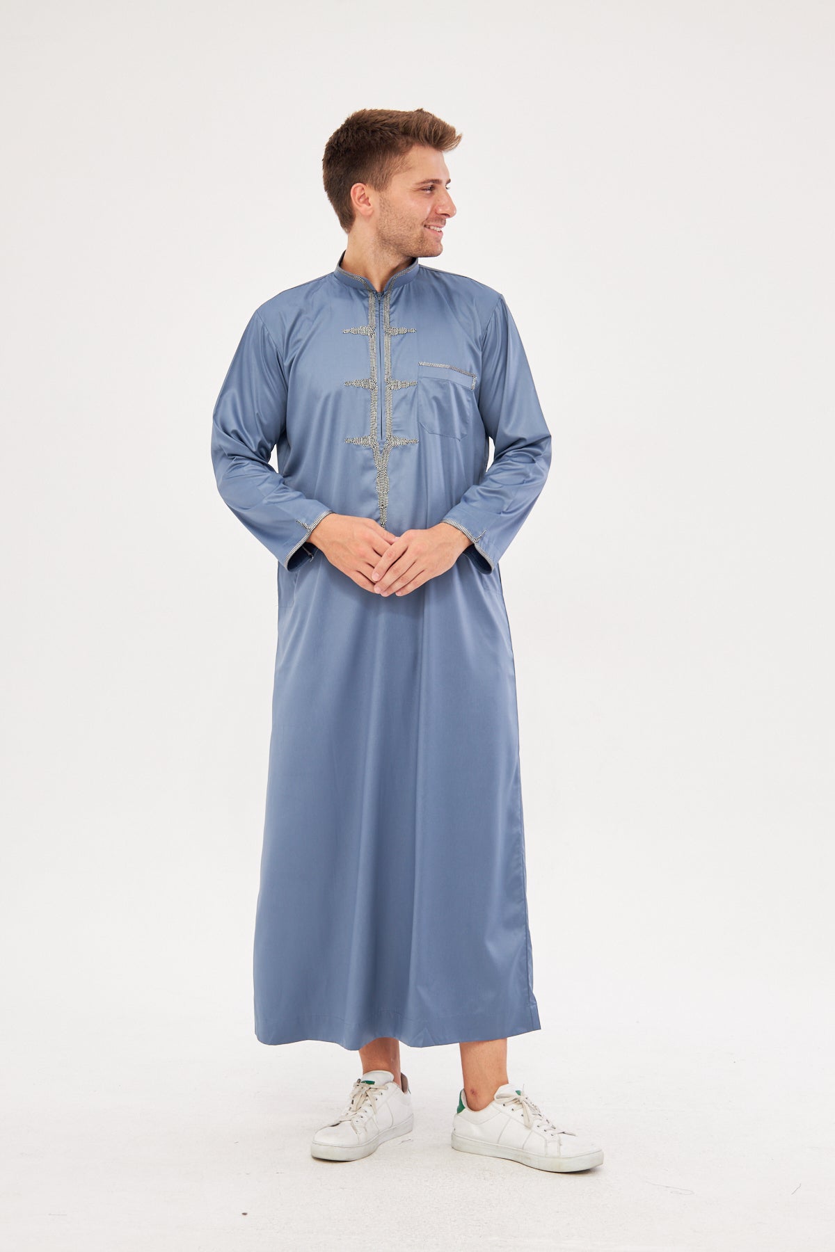 Amir Embroidery Light Gray Print Thobe - Dark Gray