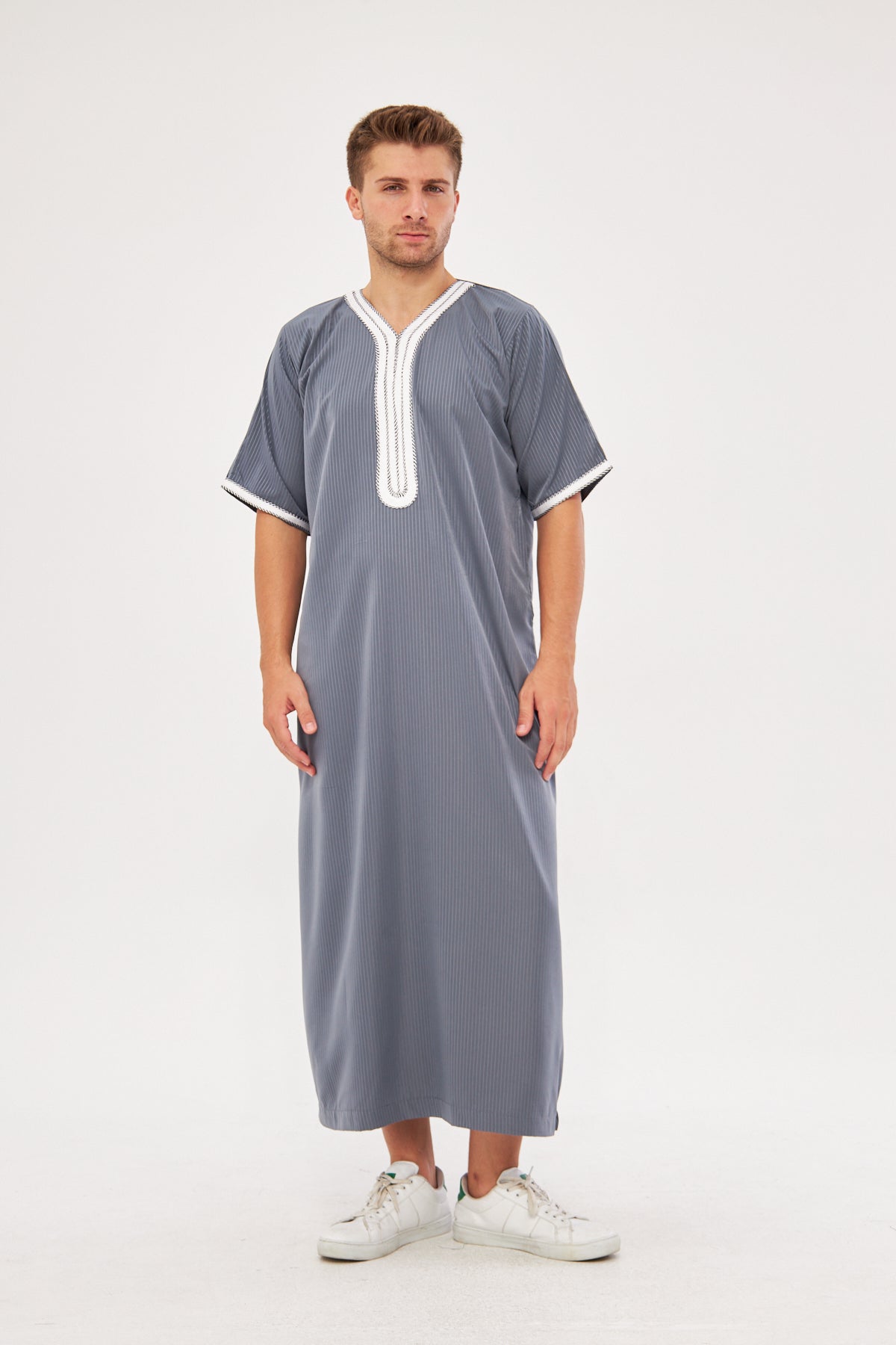 Moroccan Short Sleeve Thobe – Light Gray