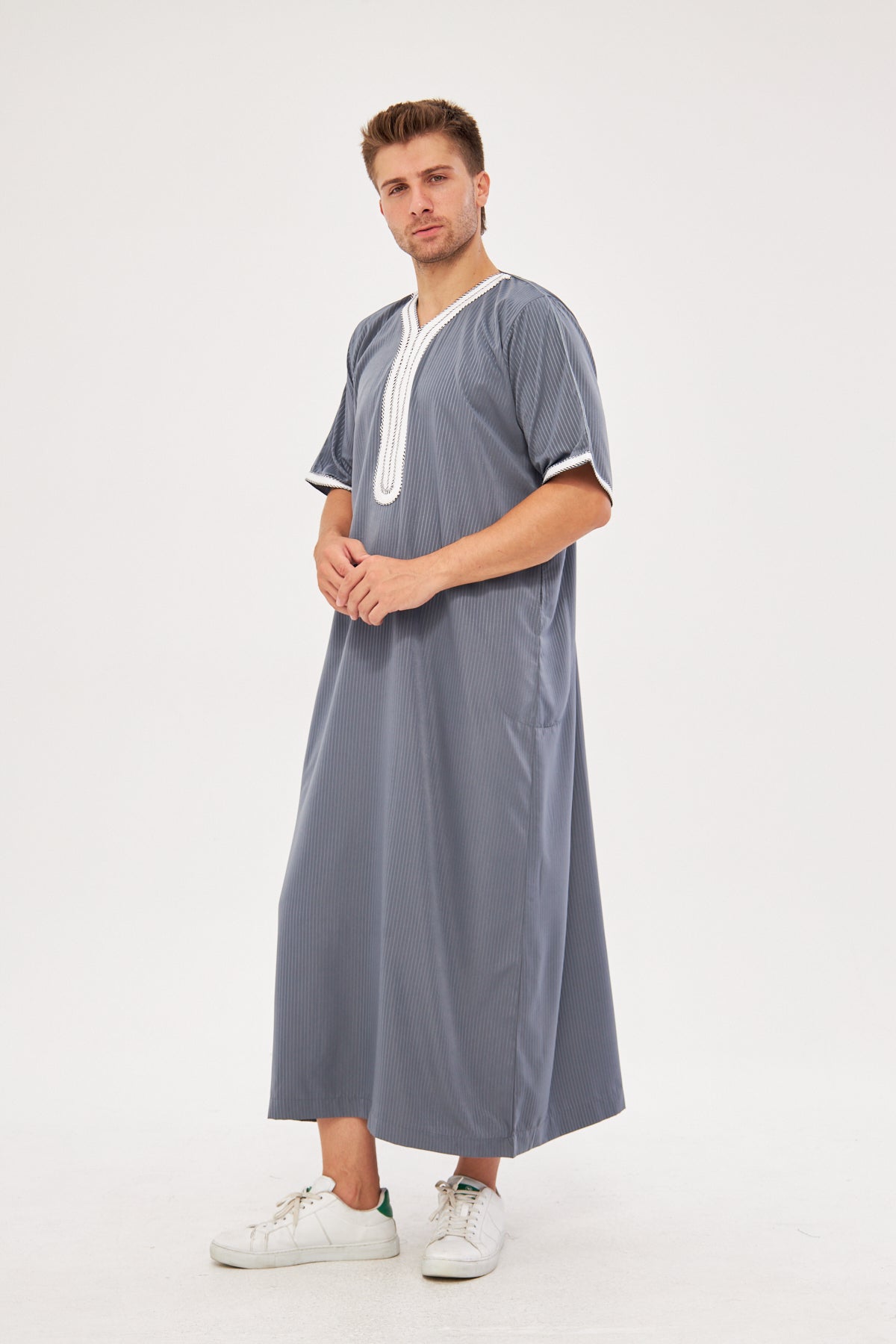 Moroccan Short Sleeve Thobe – Light Gray