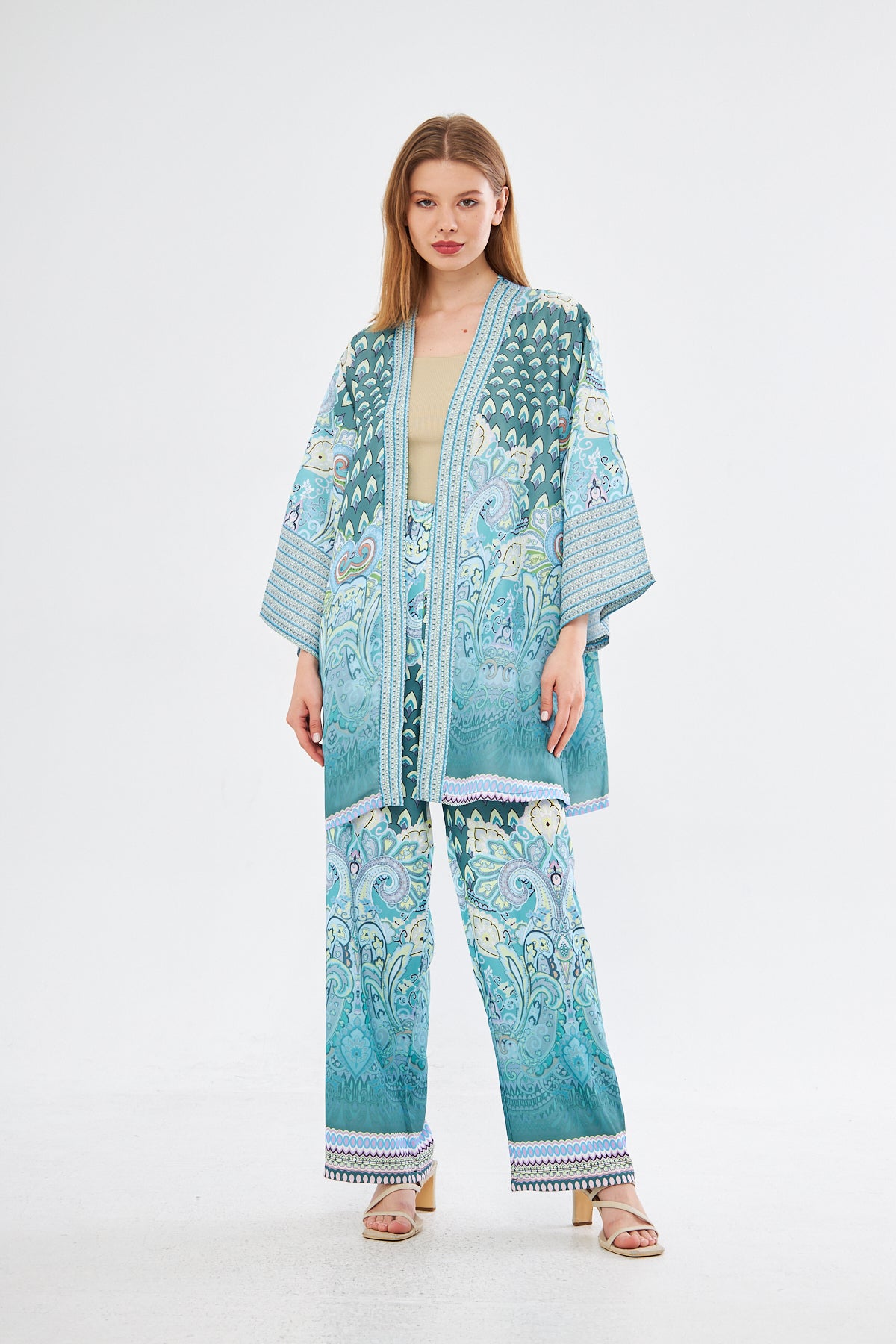 Amelia Paisley Print Kimono & Wide Leg Pants - Light Blue