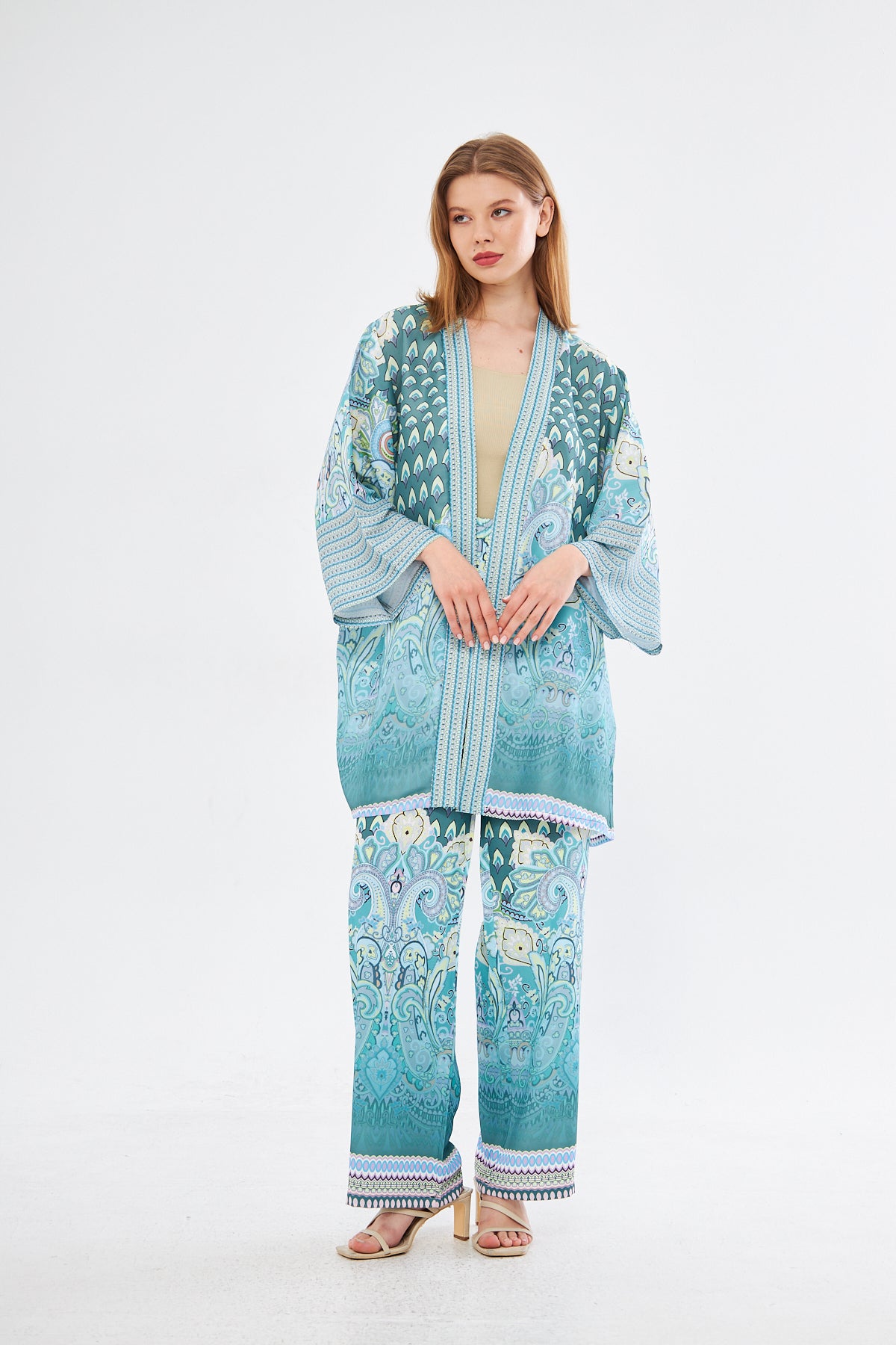 Amelia Paisley Print Kimono & Wide Leg Pants - Light Blue