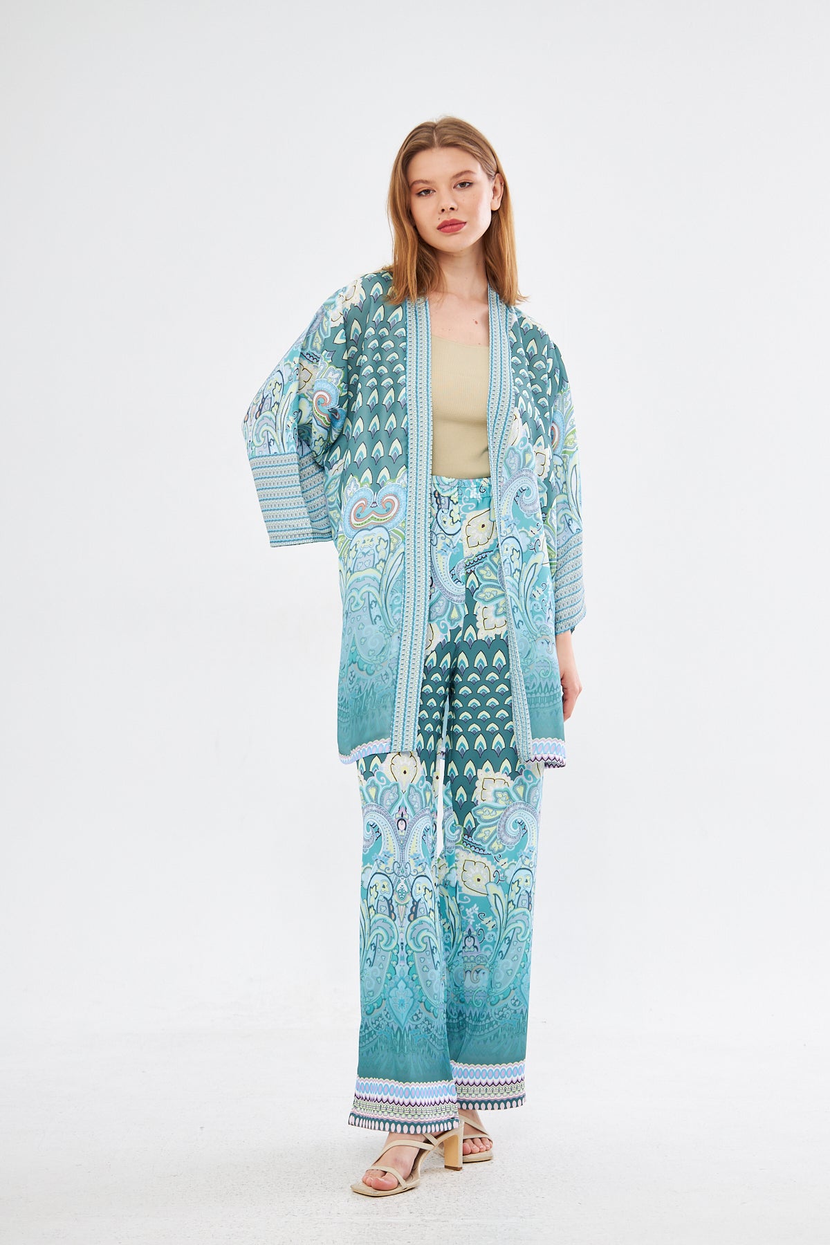 Amelia Paisley Print Kimono & Wide Leg Pants - Light Blue