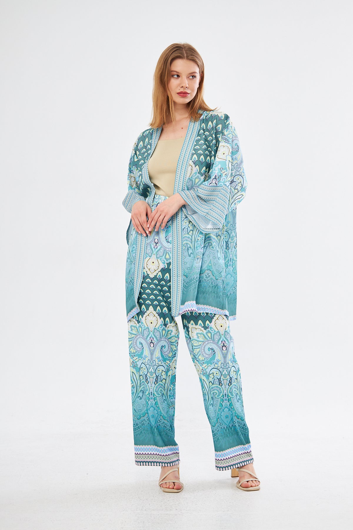 Amelia Paisley Print Kimono & Wide Leg Pants - Light Blue