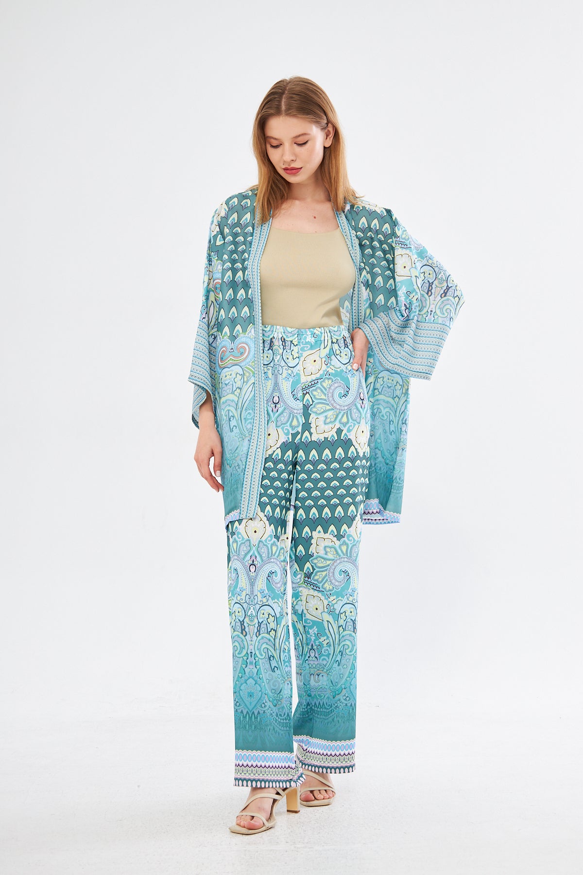 Amelia Paisley Print Kimono & Wide Leg Pants - Light Blue