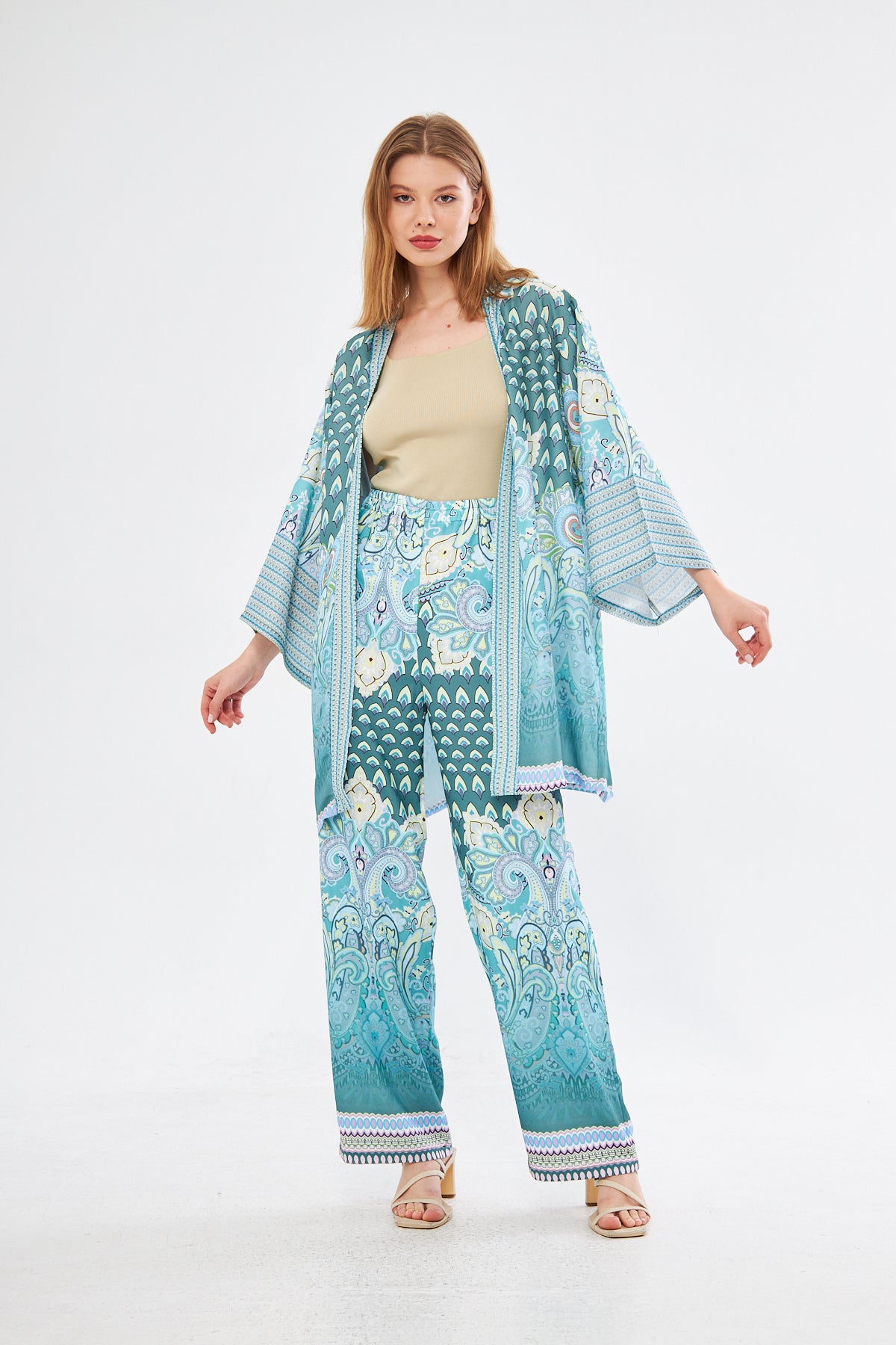 Amelia Paisley Print Kimono & Wide Leg Pants - Light Blue
