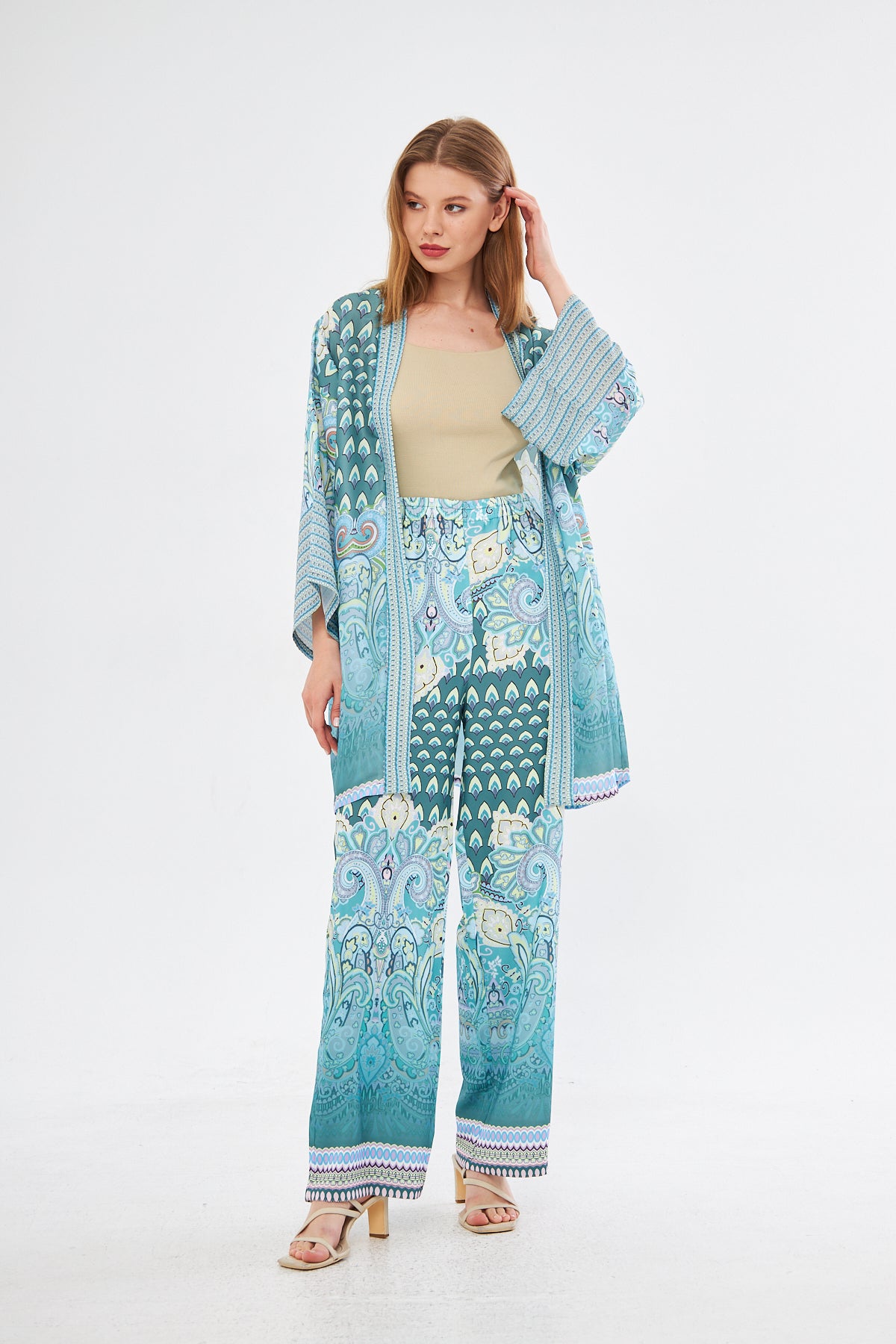 Amelia Paisley Print Kimono & Wide Leg Pants - Light Blue