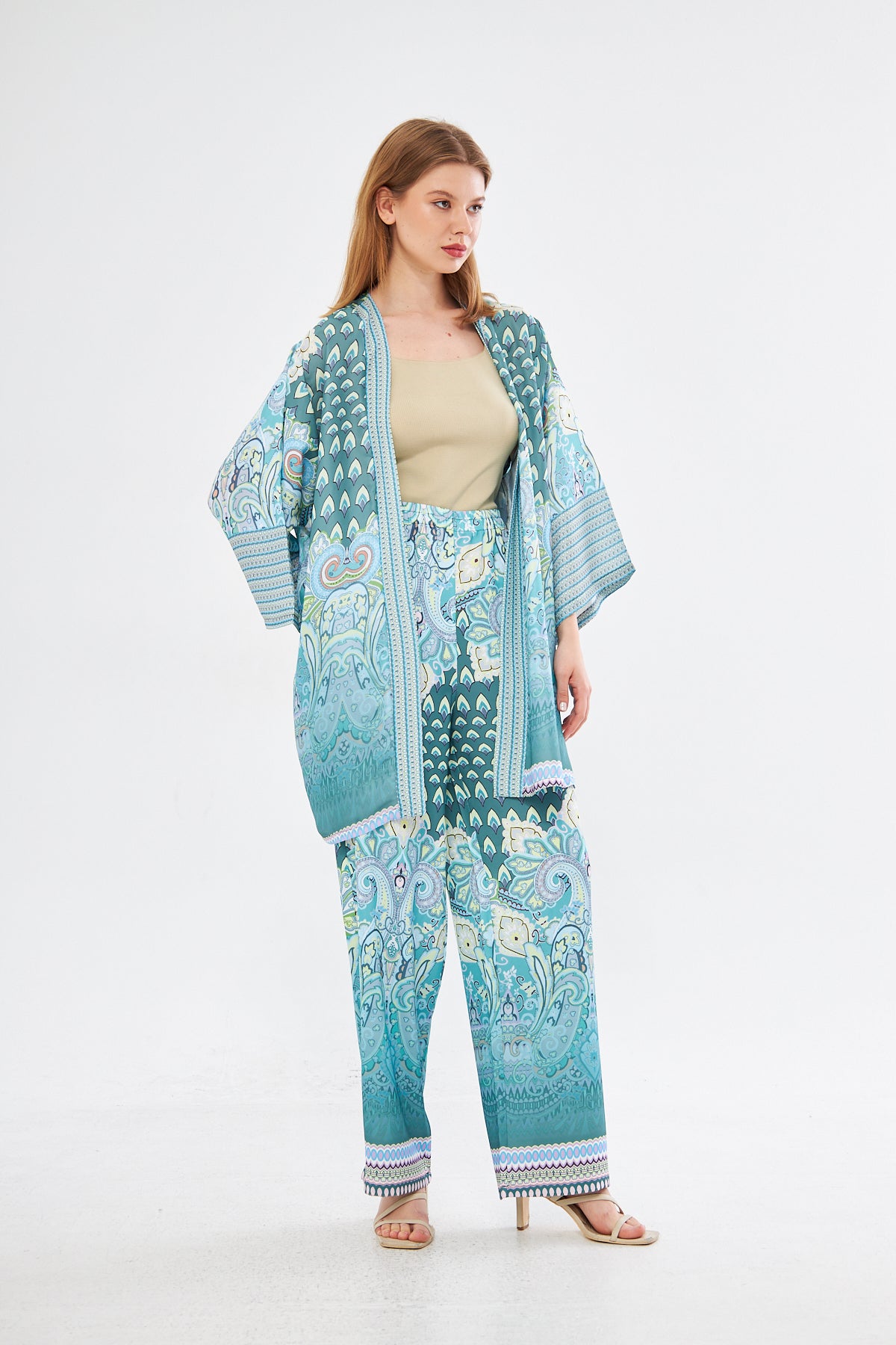Amelia Paisley Print Kimono & Wide Leg Pants - Light Blue