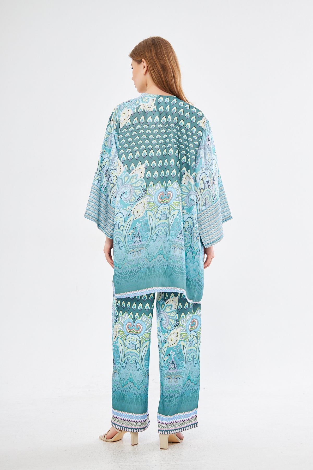 Amelia Paisley Print Kimono & Wide Leg Pants - Light Blue
