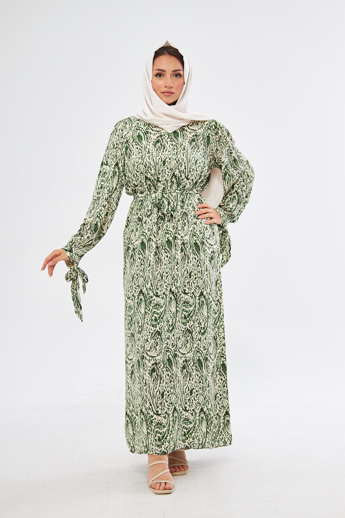 Jade All Over Swirl Print With Tie Cuff Dress - Green