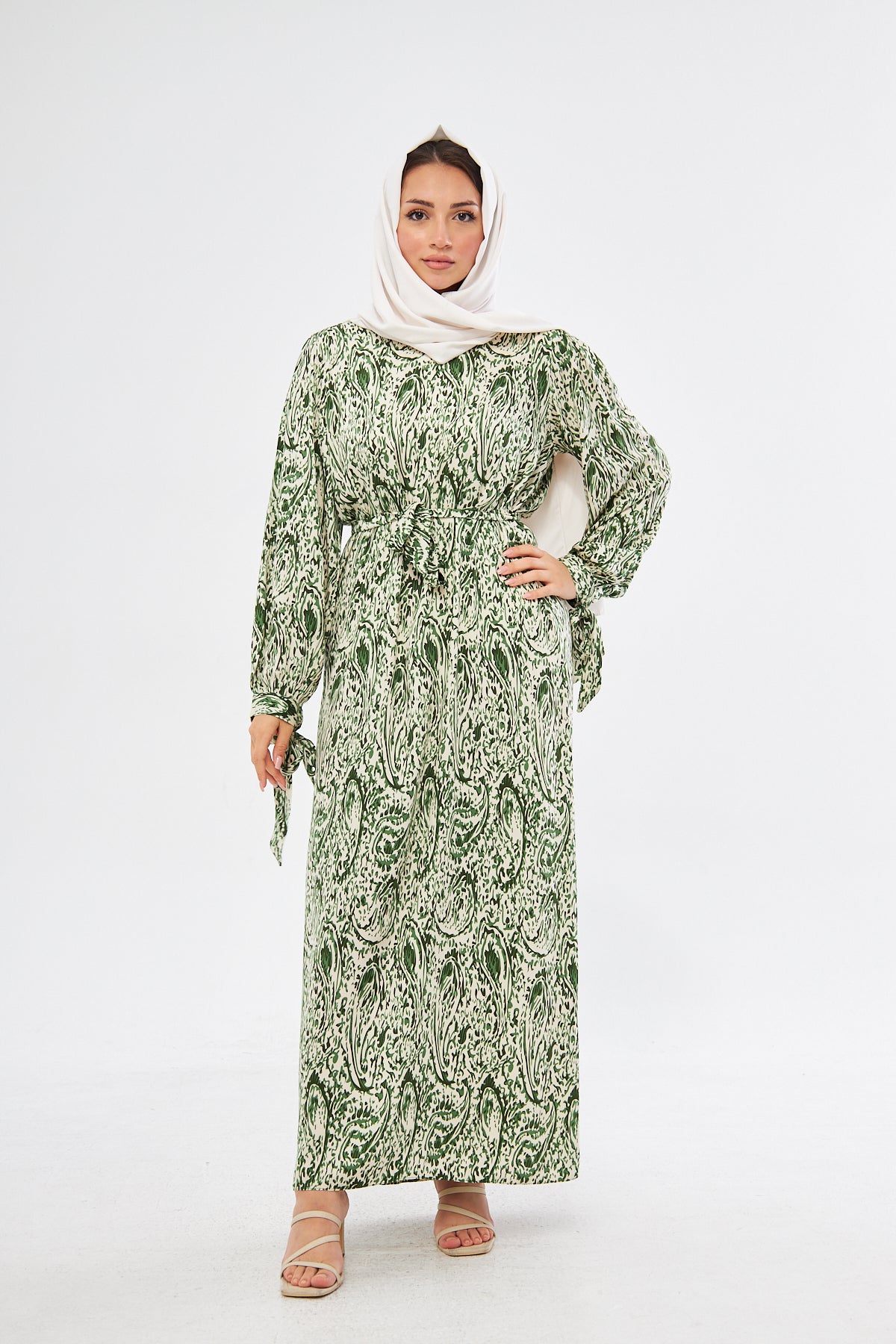 Jade All Over Swirl Print With Tie Cuff Dress - Green