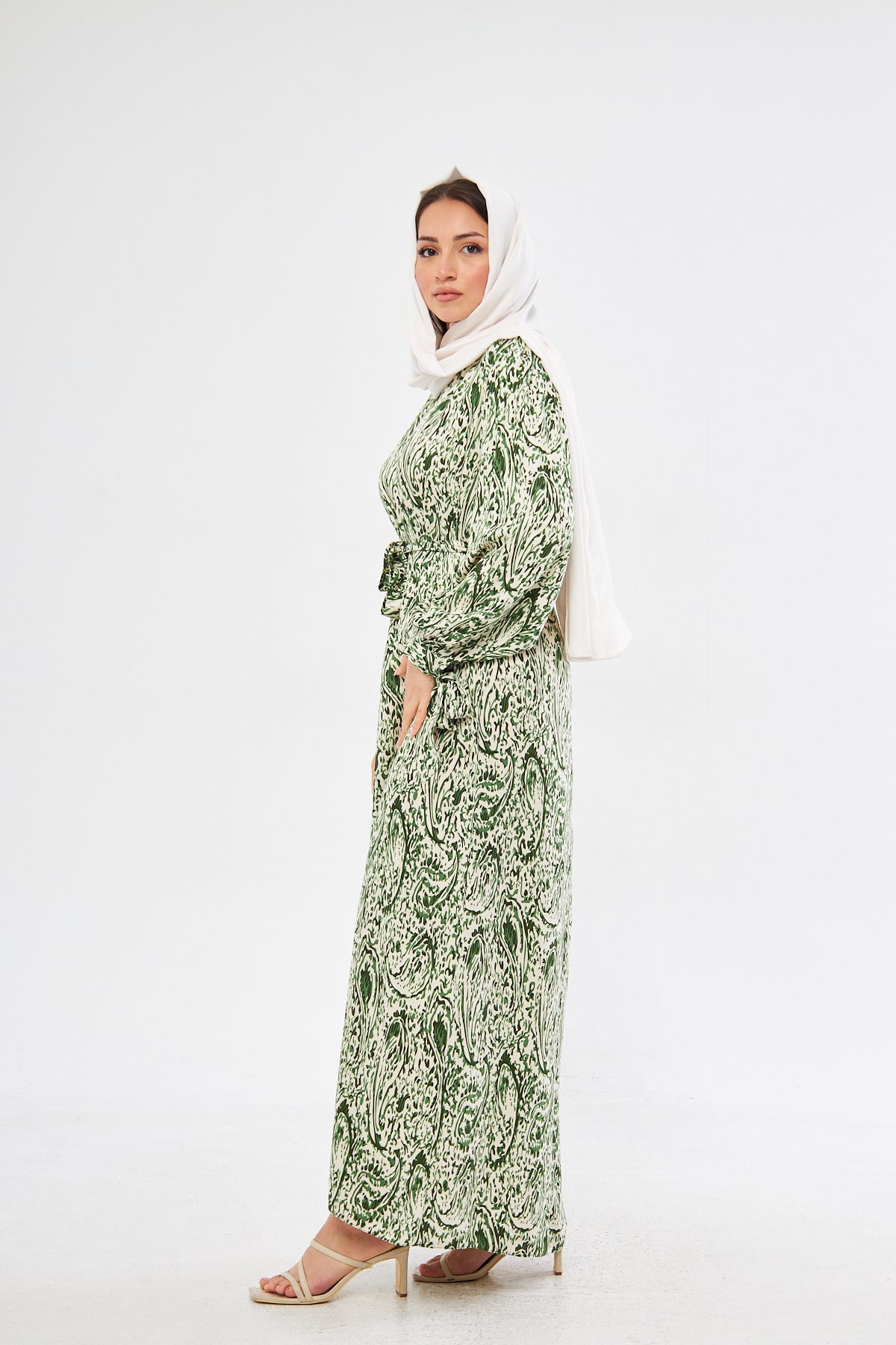 Jade All Over Swirl Print With Tie Cuff Dress - Green