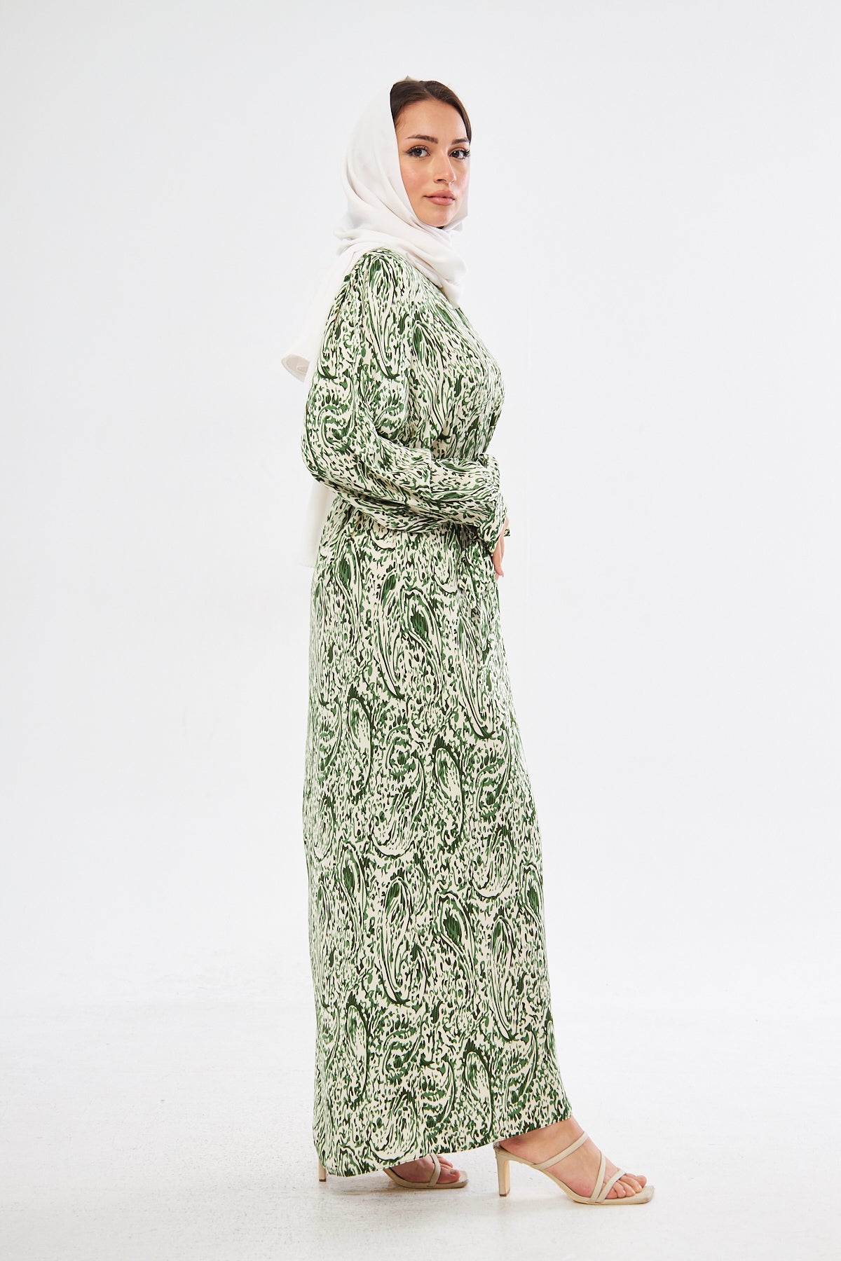 Jade All Over Swirl Print With Tie Cuff Dress - Green