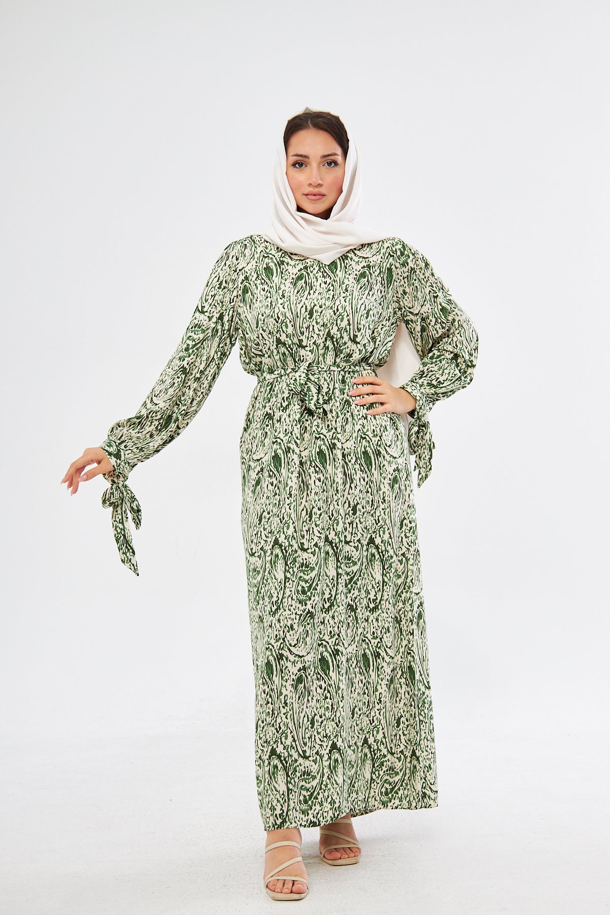 Jade All Over Swirl Print With Tie Cuff Dress - Green