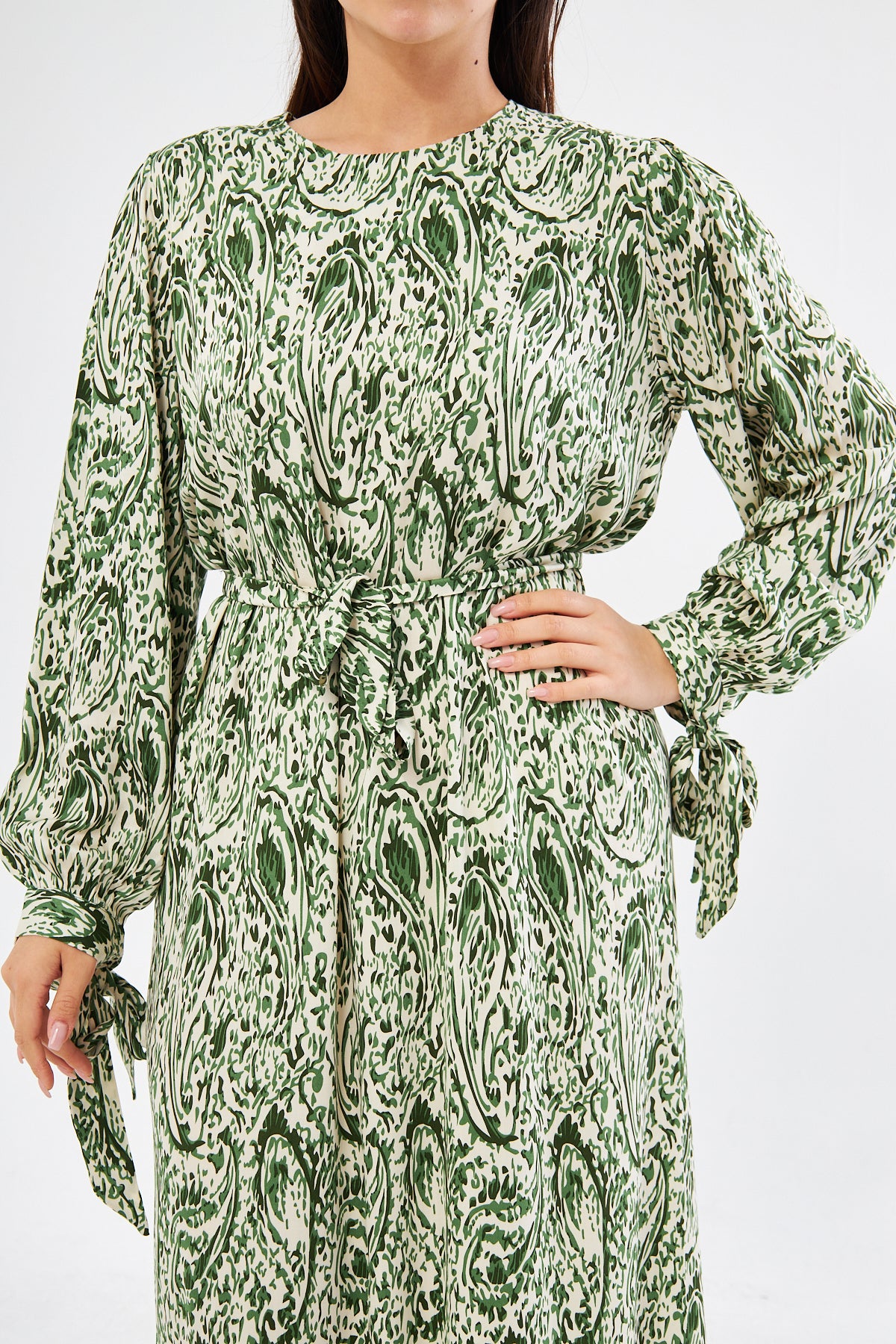 Jade All Over Swirl Print With Tie Cuff Dress - Green