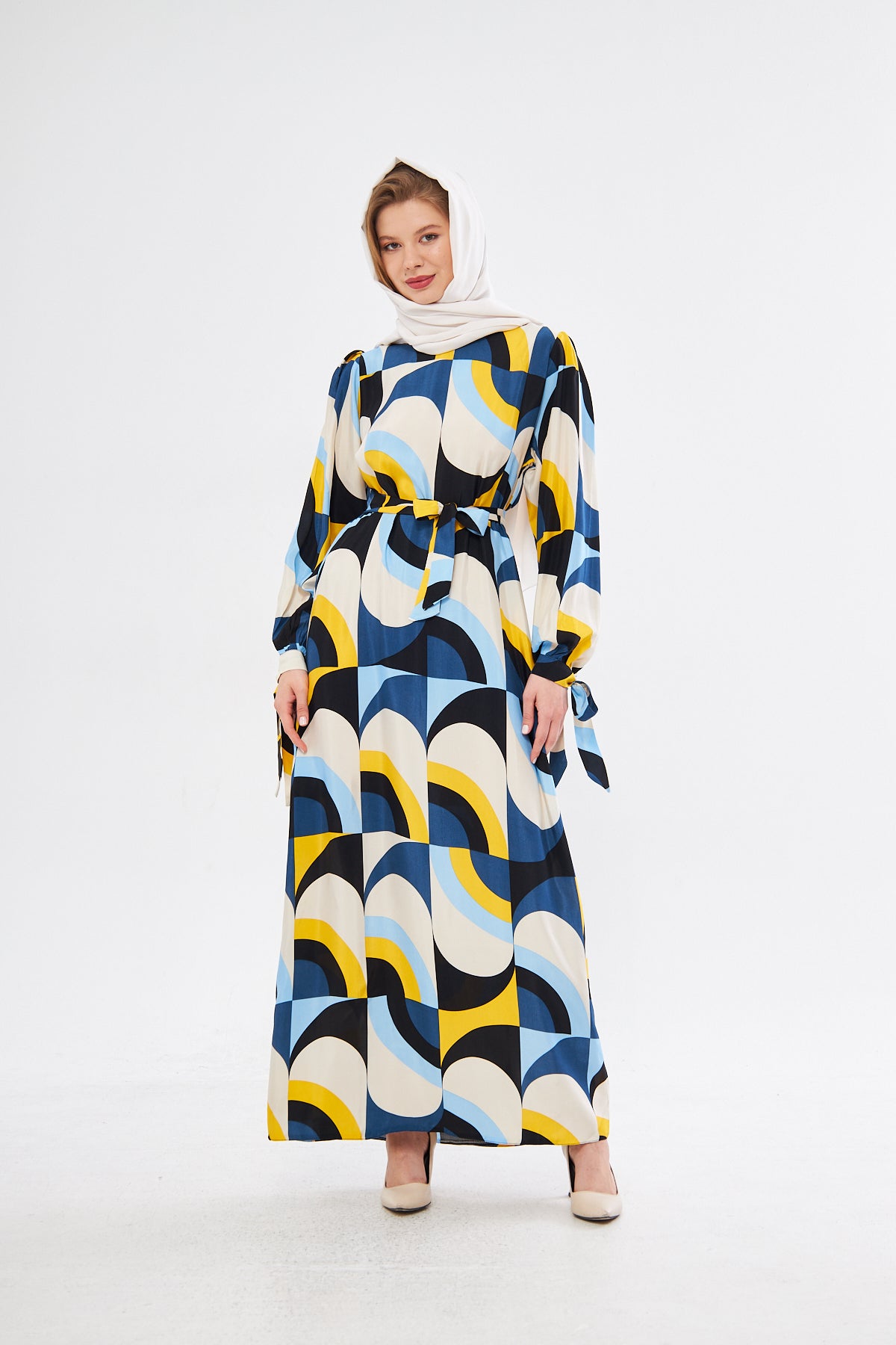 Leena Geometric Pattern Dress - White Yellow Blue