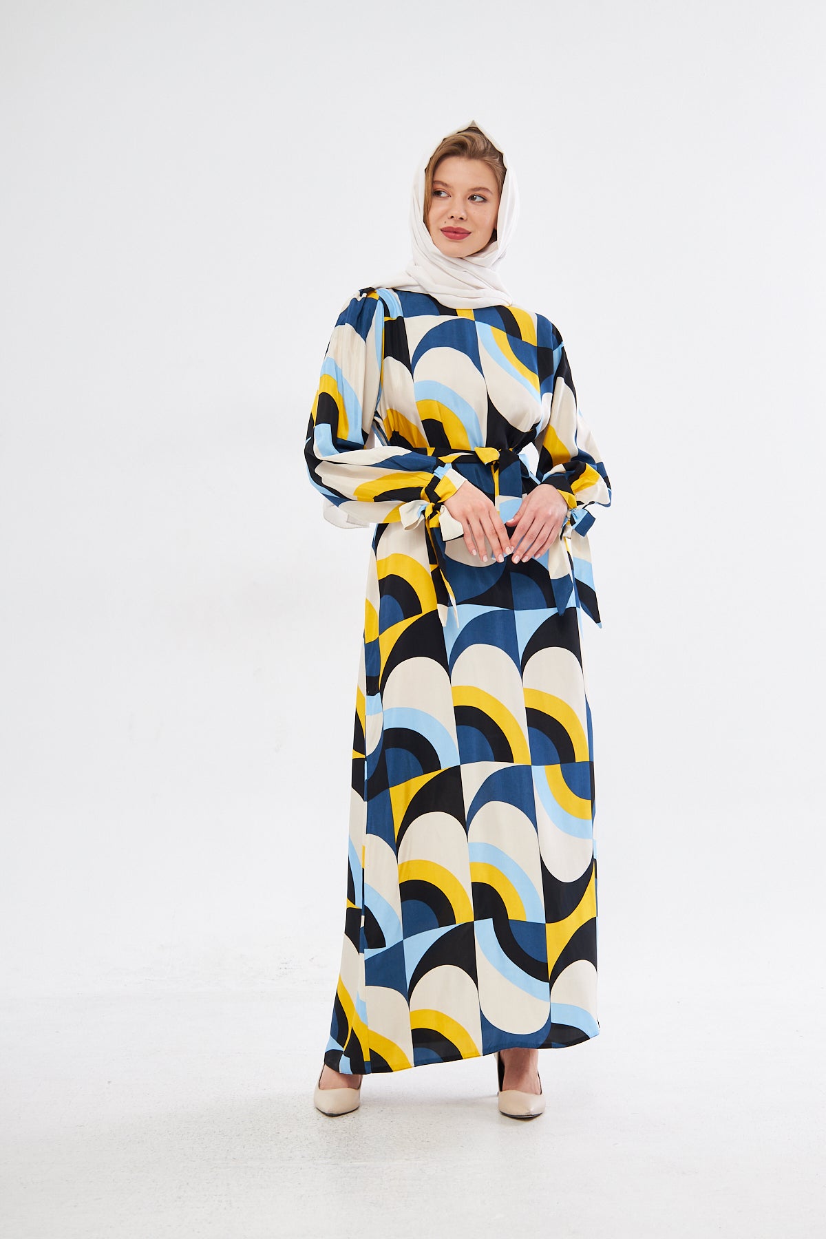 Leena Geometric Pattern Dress - White Yellow Blue