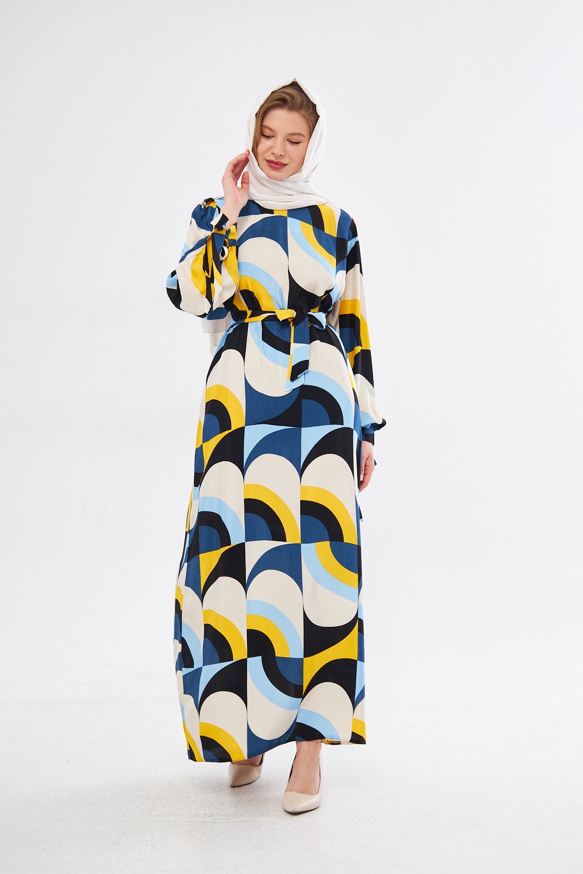 Leena Geometric Pattern Dress - White Yellow Blue