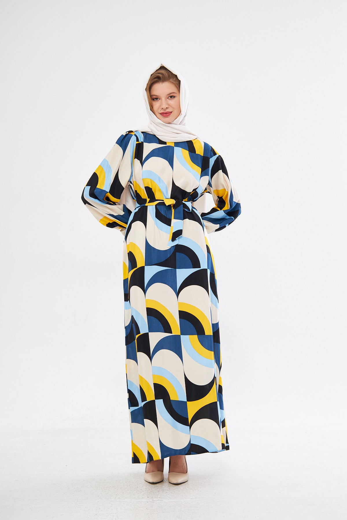Leena Geometric Pattern Dress - White Yellow Blue