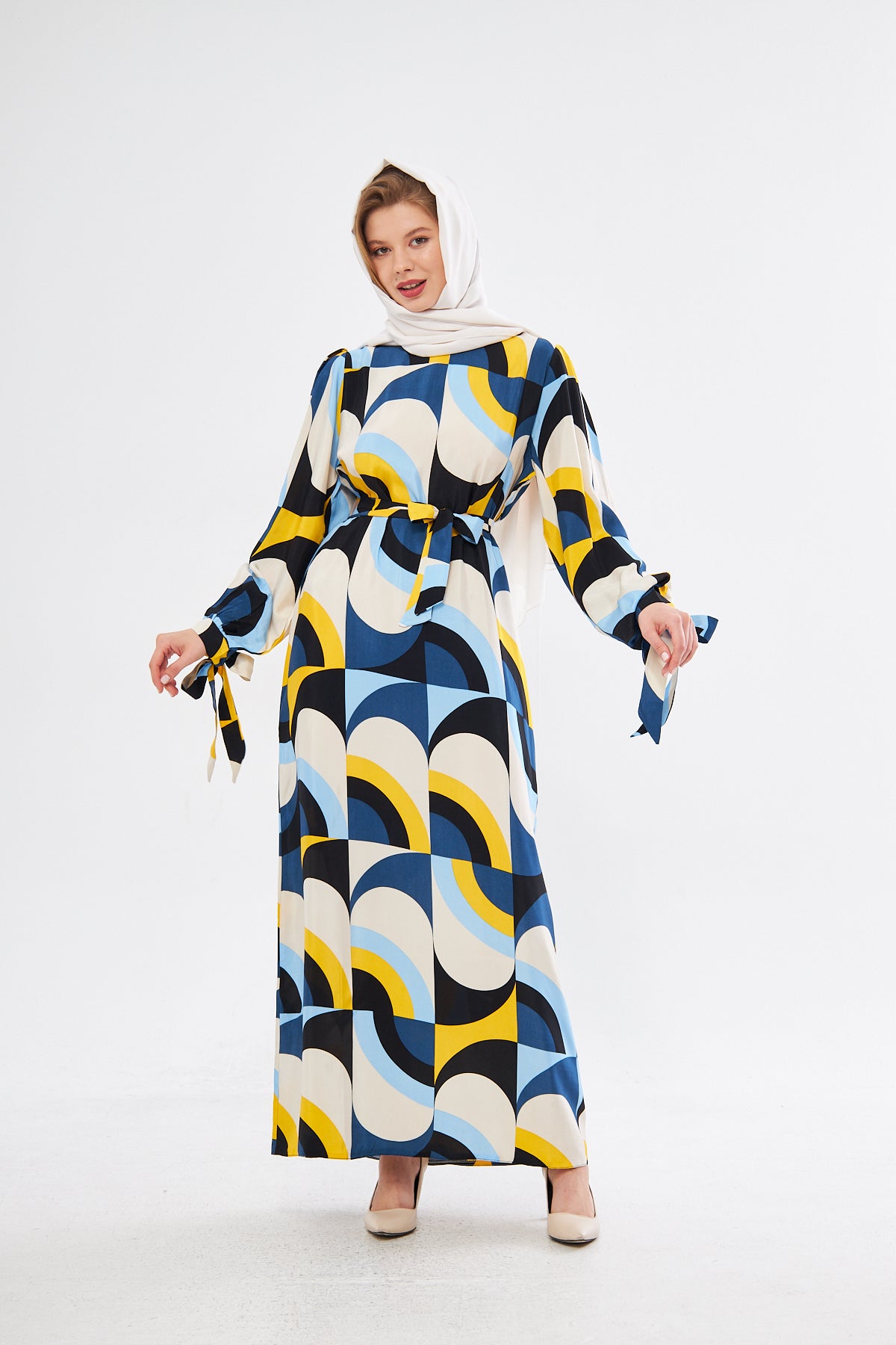Leena Geometric Pattern Dress - White Yellow Blue