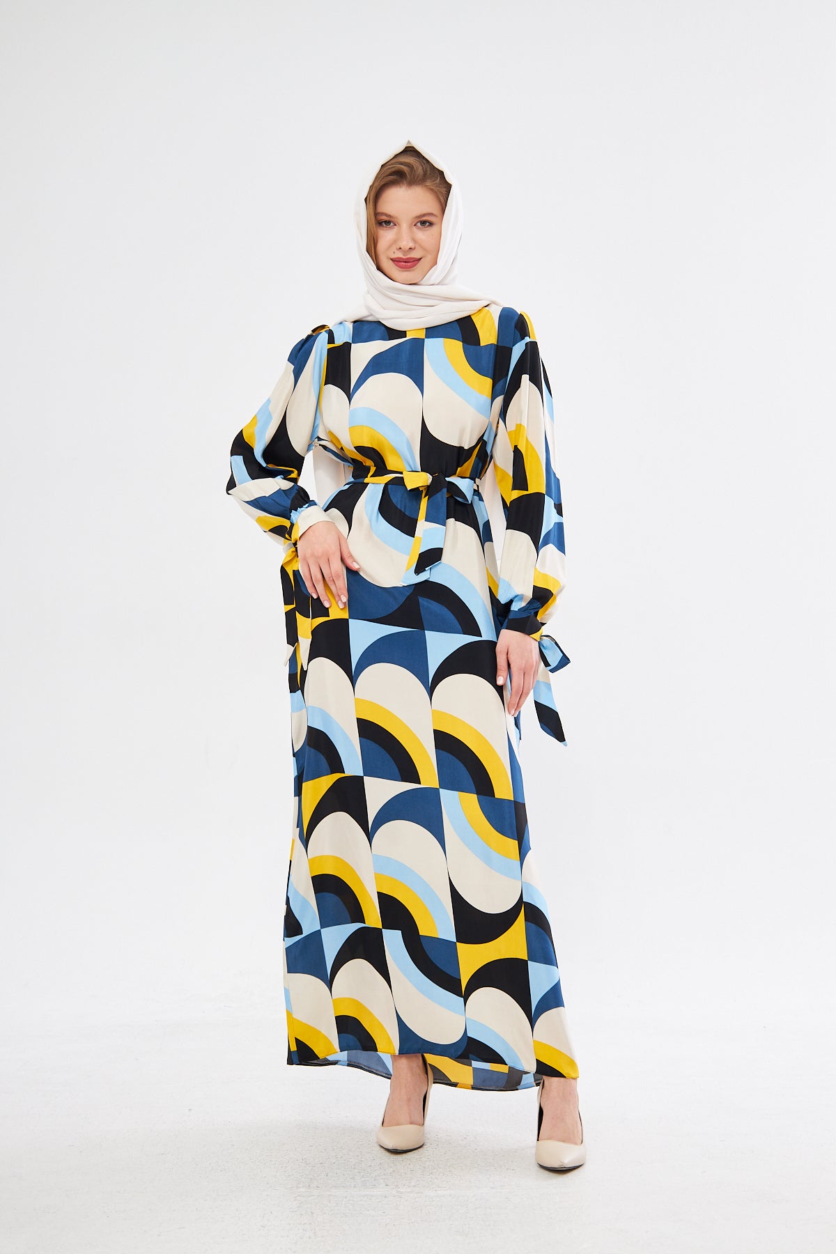 Leena Geometric Pattern Dress - White Yellow Blue