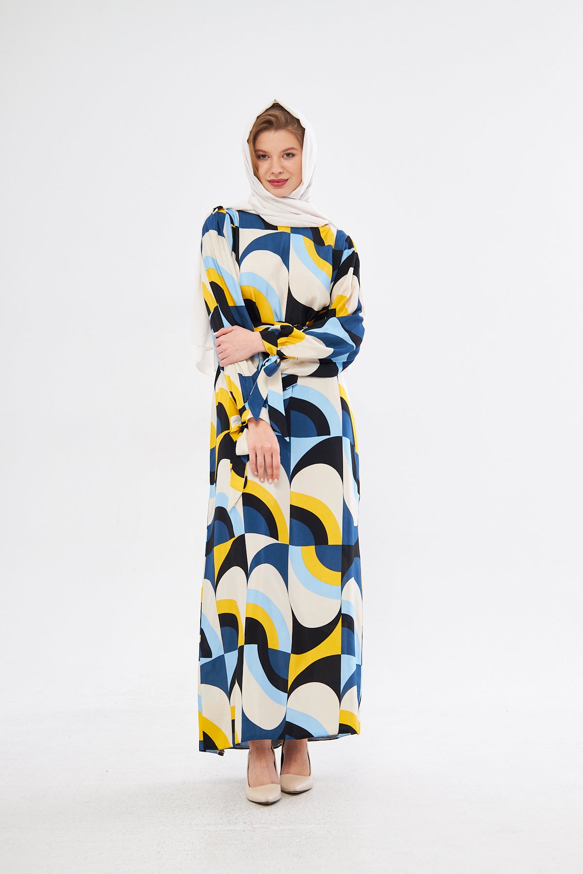 Leena Geometric Pattern Dress - White Yellow Blue