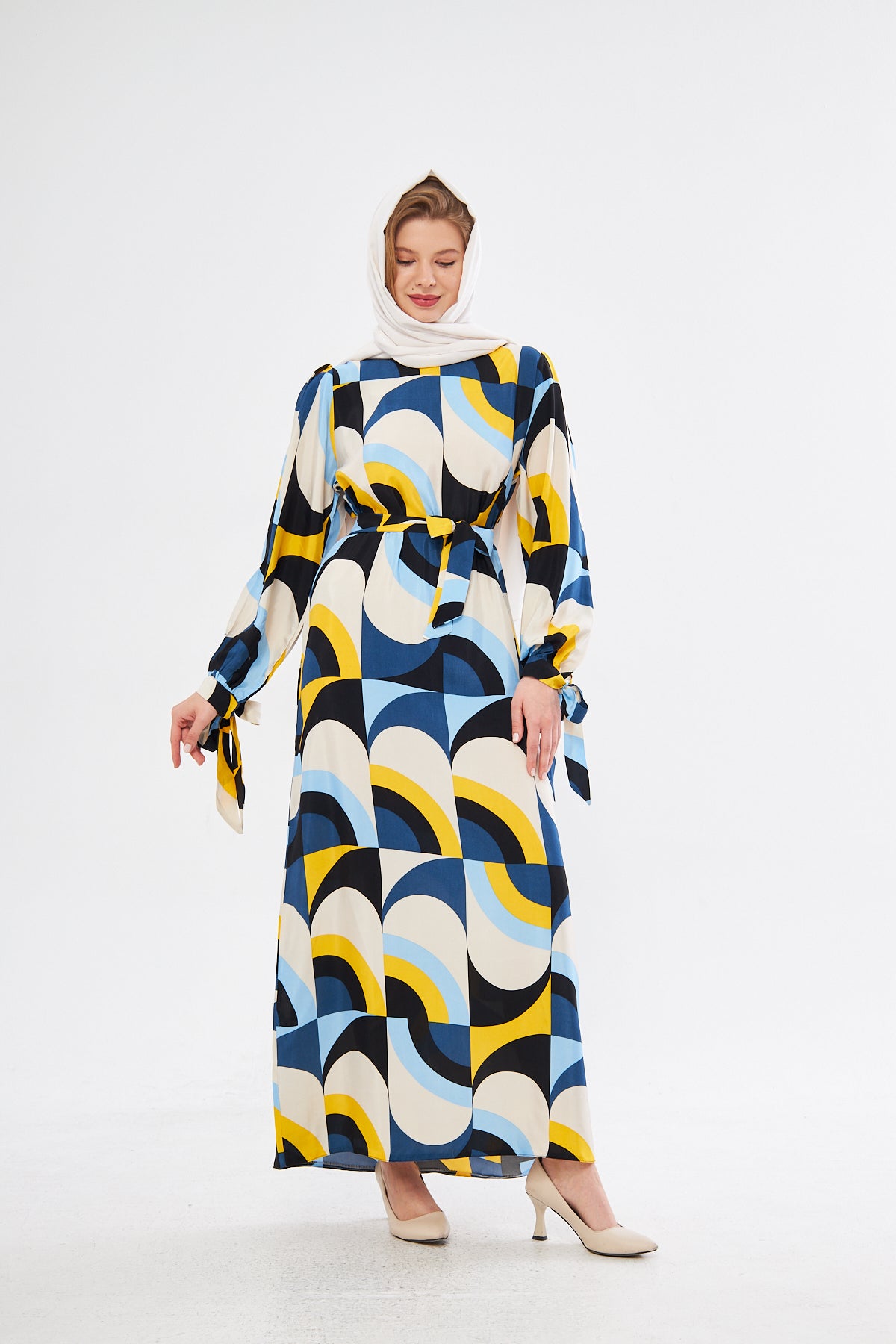 Leena Geometric Pattern Dress - White Yellow Blue