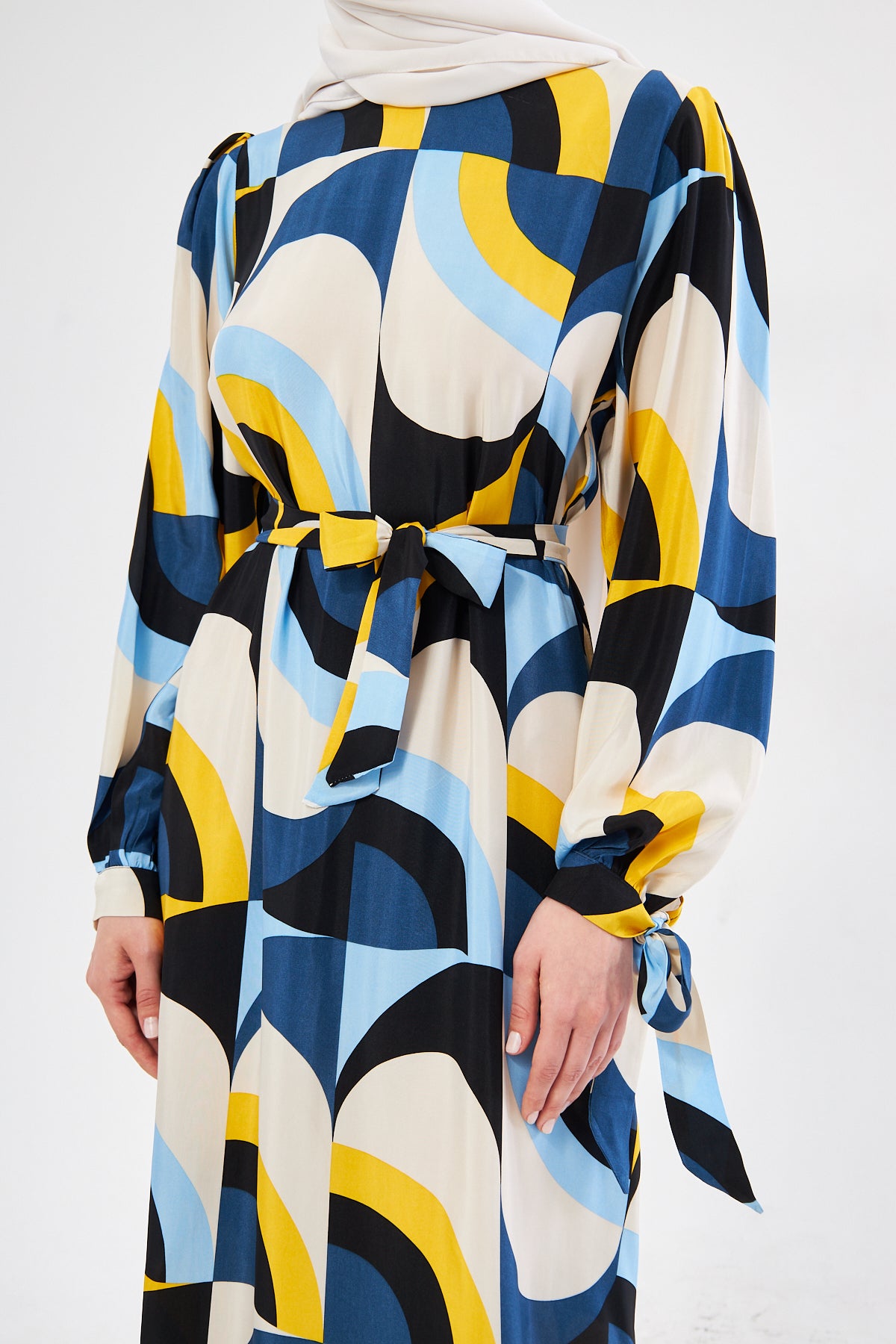 Leena Geometric Pattern Dress - White Yellow Blue