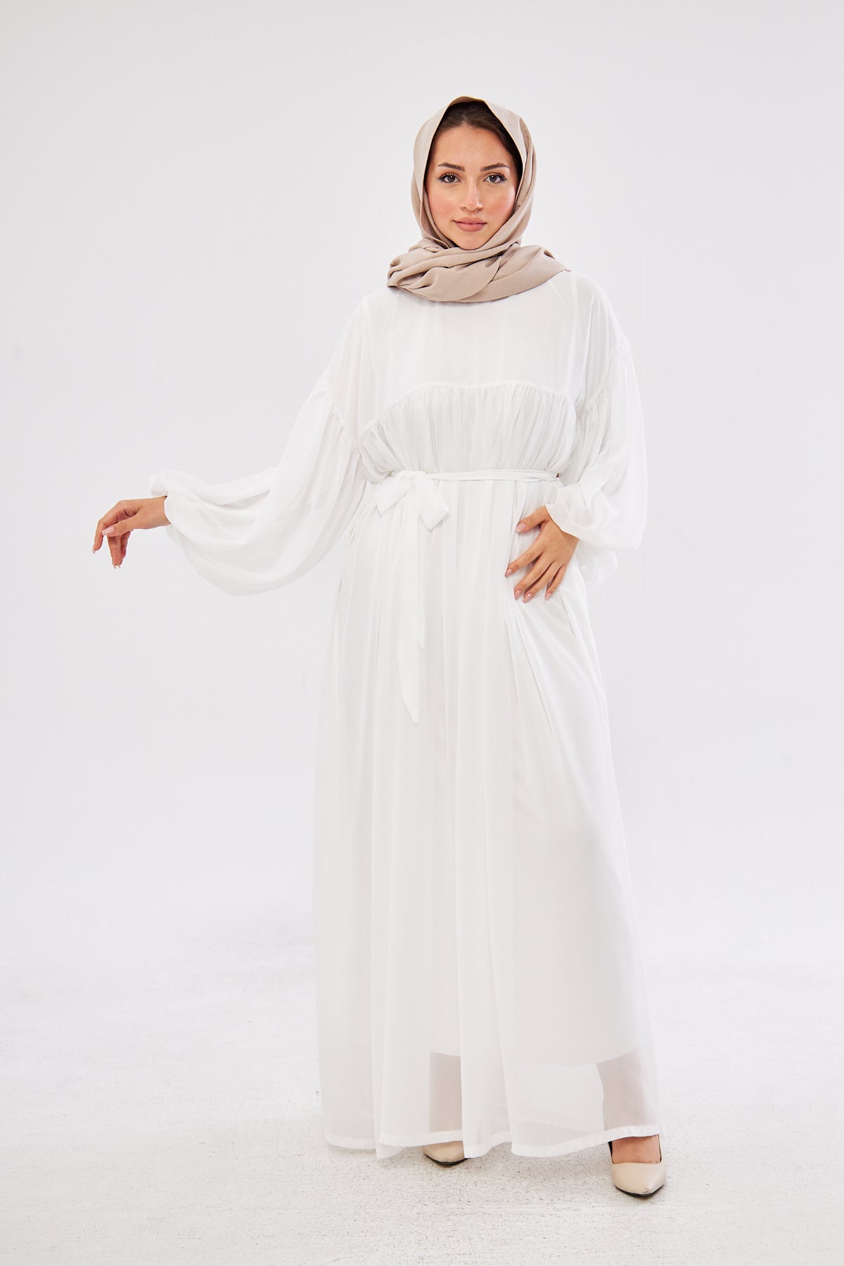 Maria Lantern Sleeve Belted Flowy Dress- Classic White