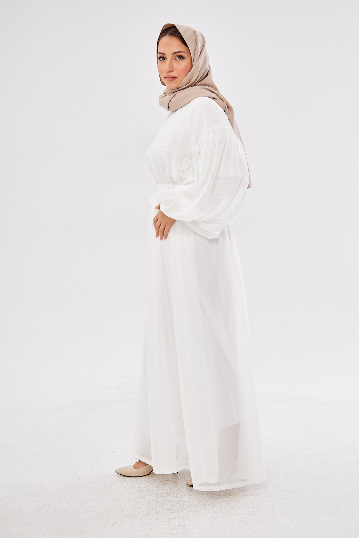 Maria Lantern Sleeve Belted Flowy Dress- Classic White