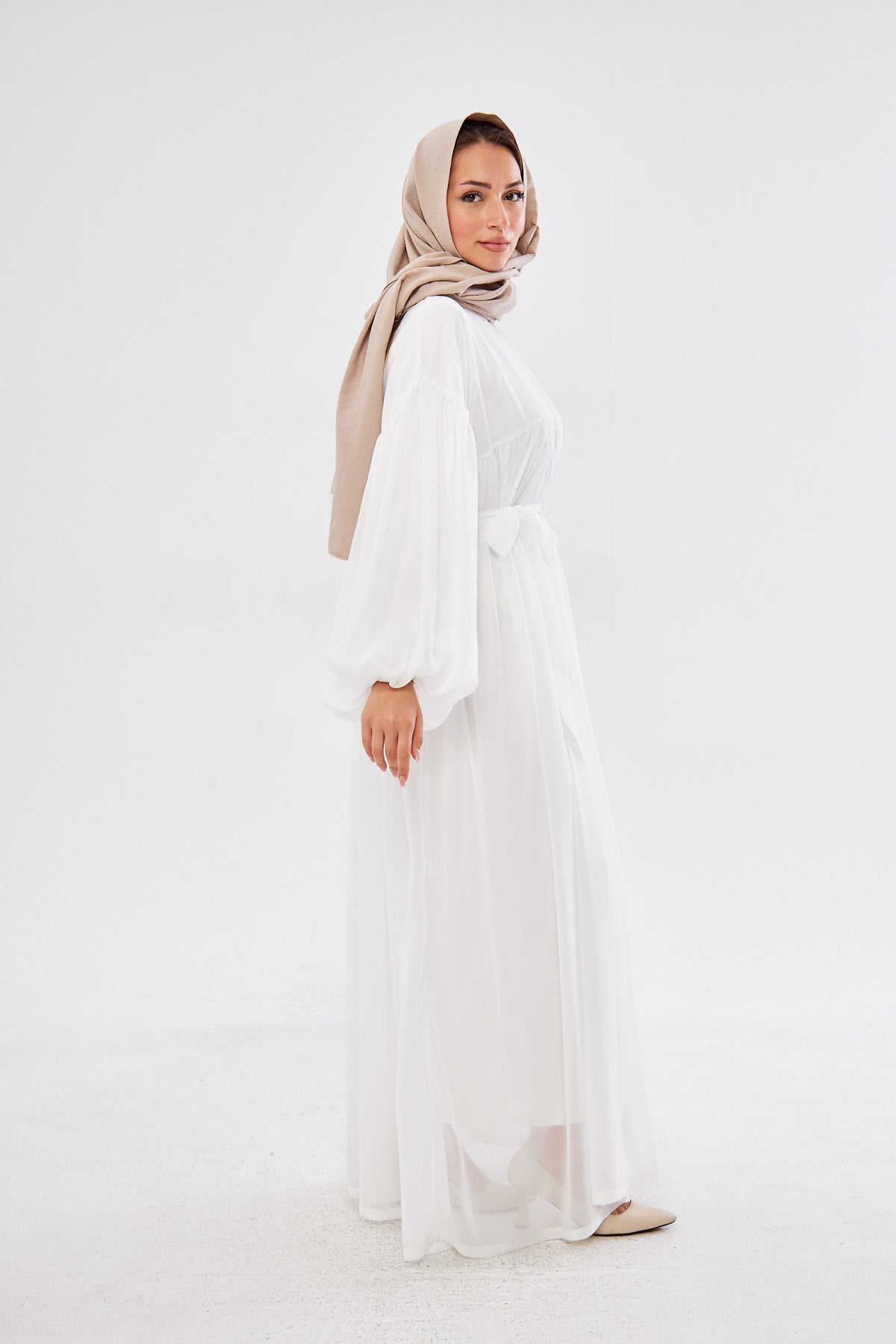 Maria Lantern Sleeve Belted Flowy Dress- Classic White