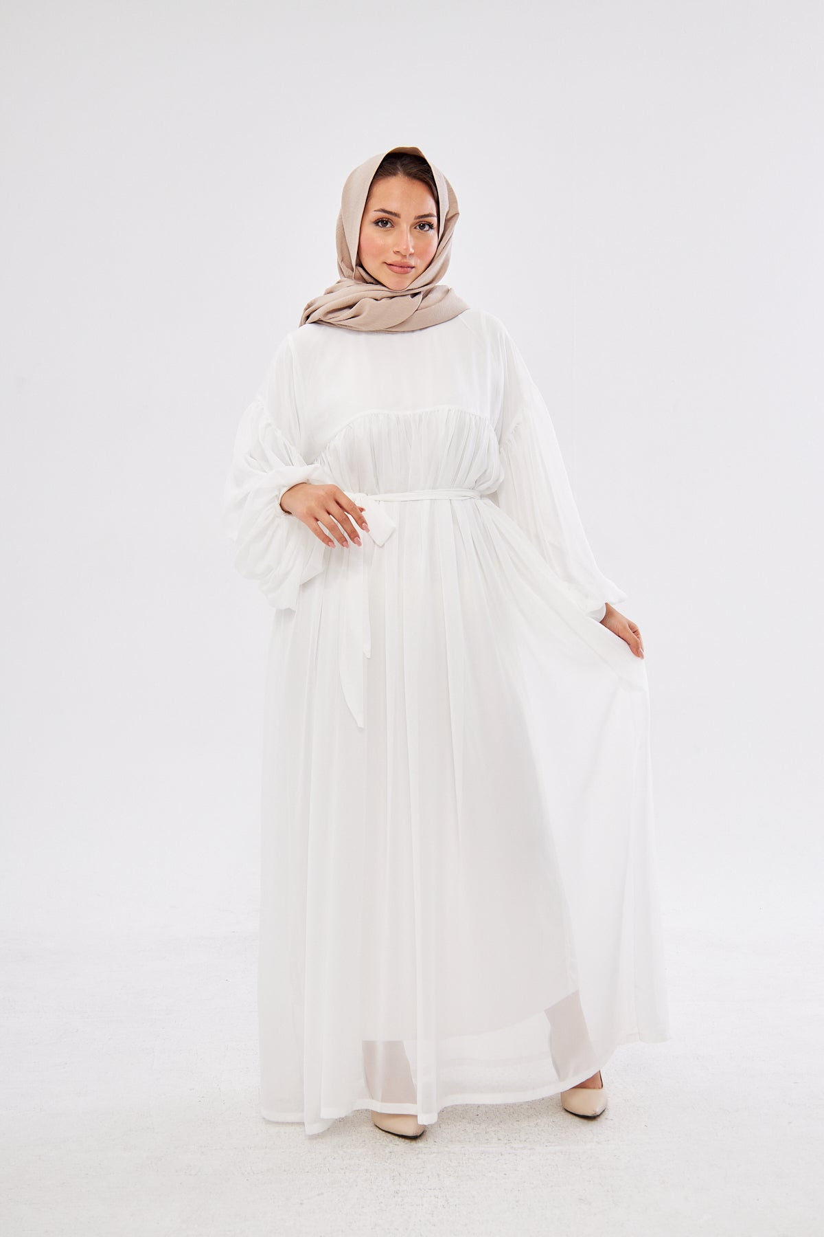 Maria Lantern Sleeve Belted Flowy Dress- Classic White