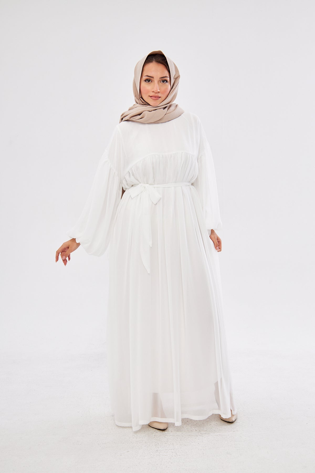 Maria Lantern Sleeve Belted Flowy Dress- Classic White