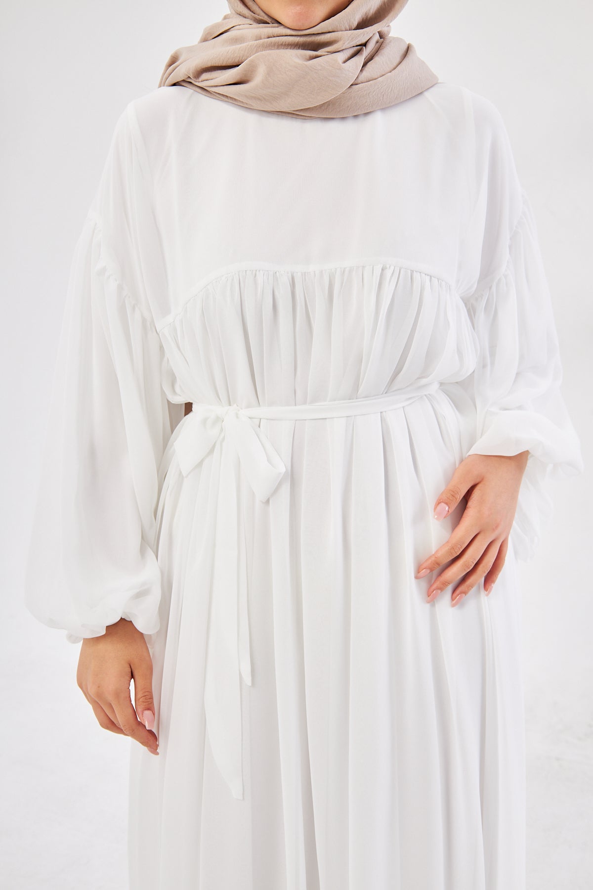 Maria Lantern Sleeve Belted Flowy Dress- Classic White