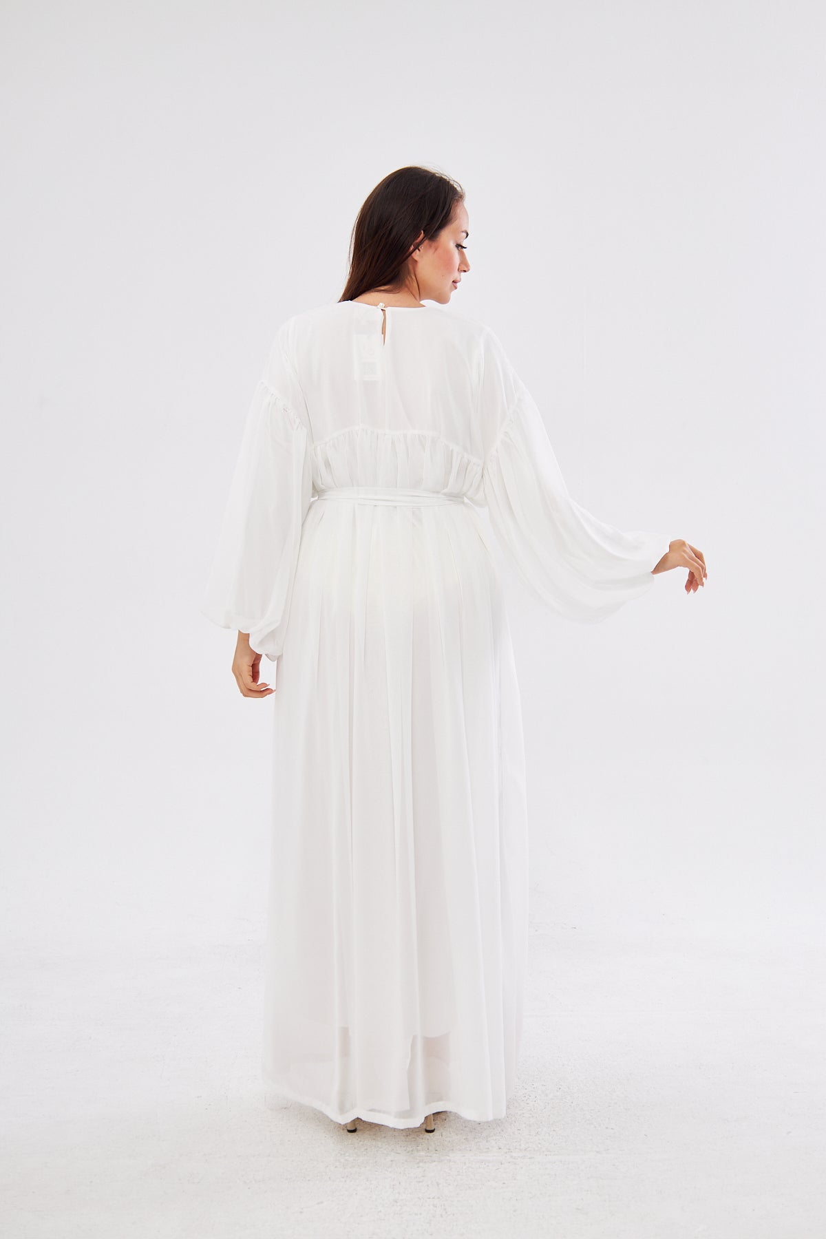 Maria Lantern Sleeve Belted Flowy Dress- Classic White