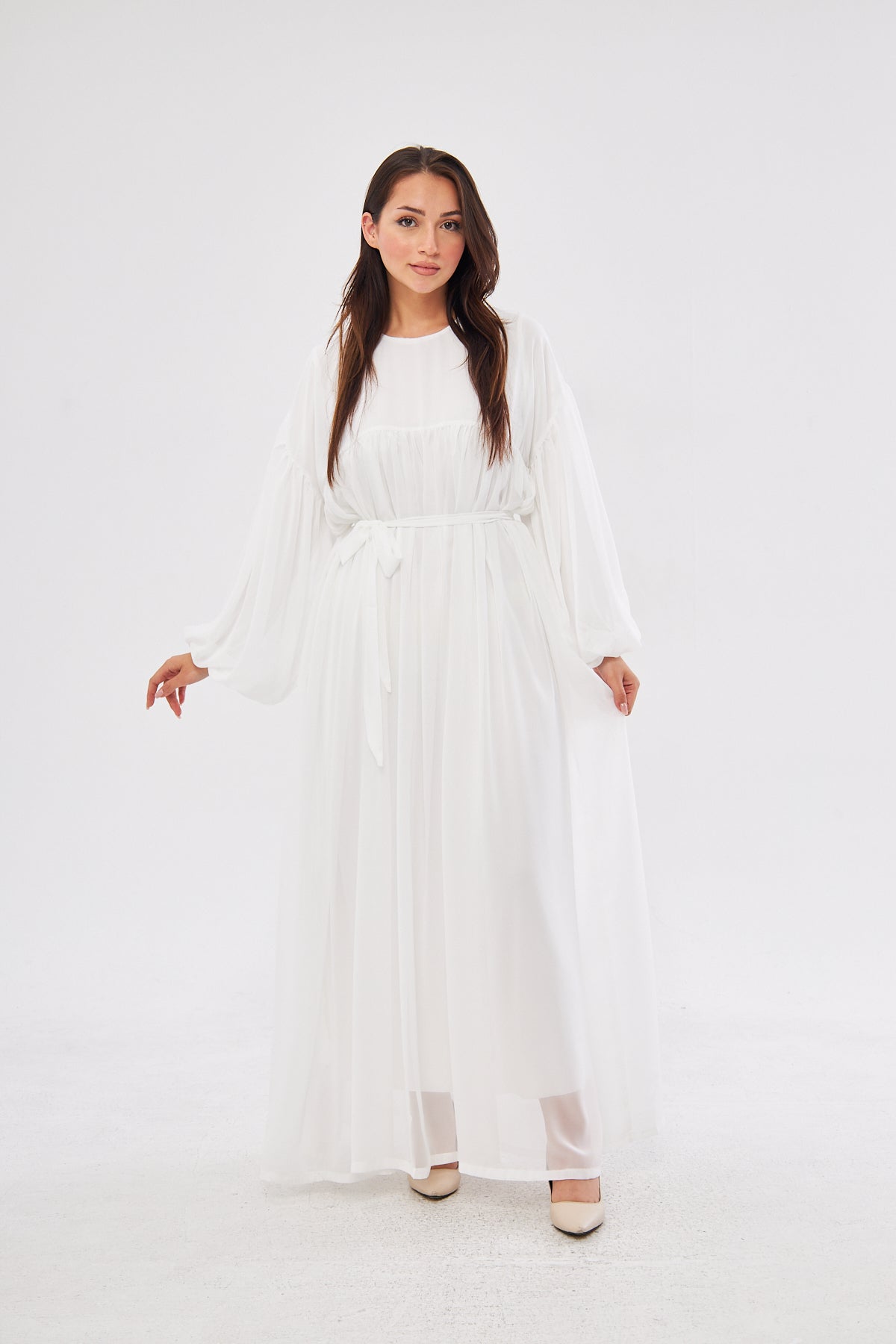 Maria Lantern Sleeve Belted Flowy Dress- Classic White