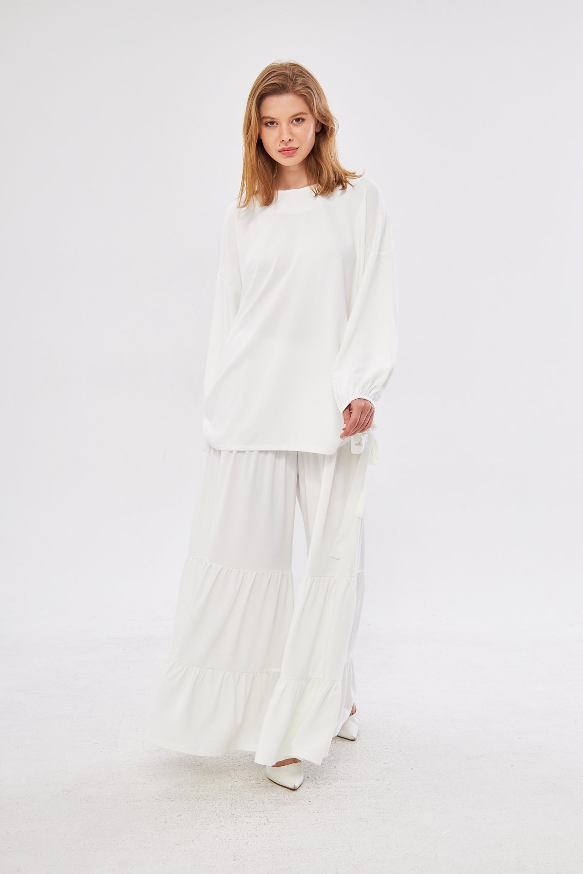 Diana Lantern Sleeve Top & Ruffled Hem Skirt Set- White